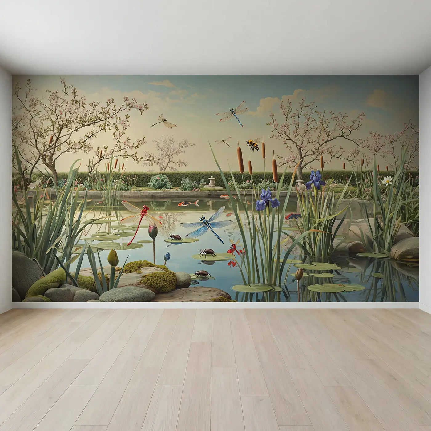 Full view of Garden Pond Insect World Wallpaper Mural by Whimsy Tots