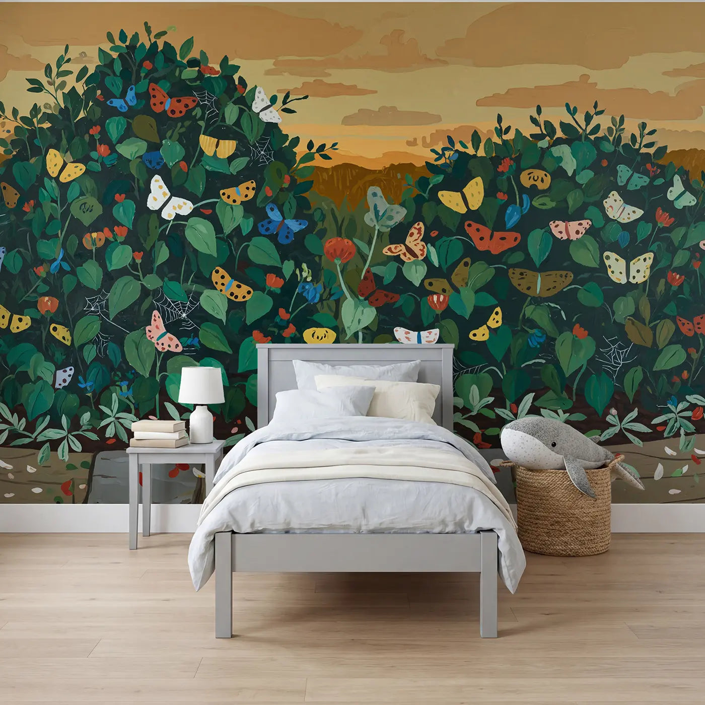 illustrated butterflies garden sunset wallpaper mural for kids room by Whimsy Tots