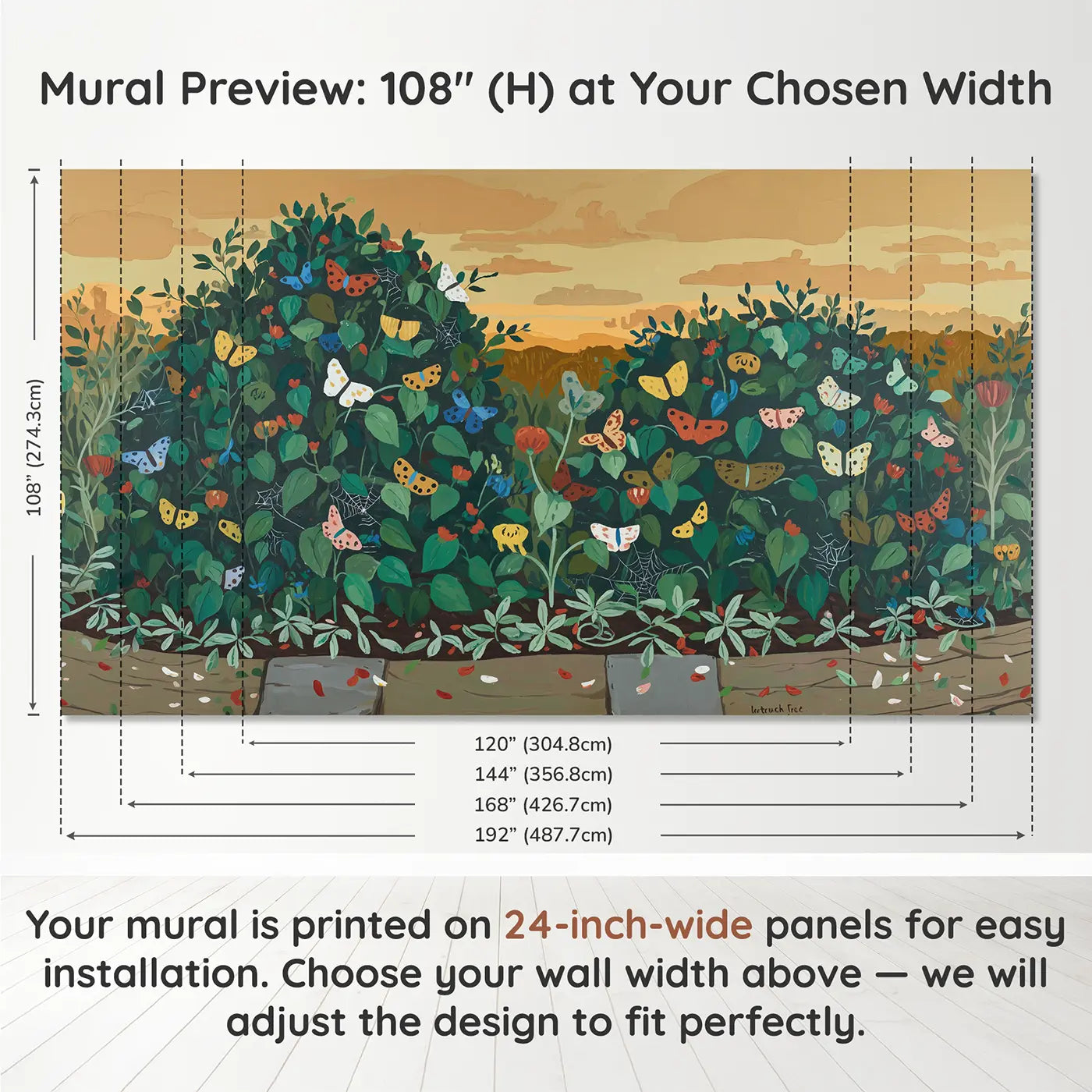 Panel layout and dimensions for Multiple Butterfly Species Butterfly Wallpaper Mural by Whimsy Tots
