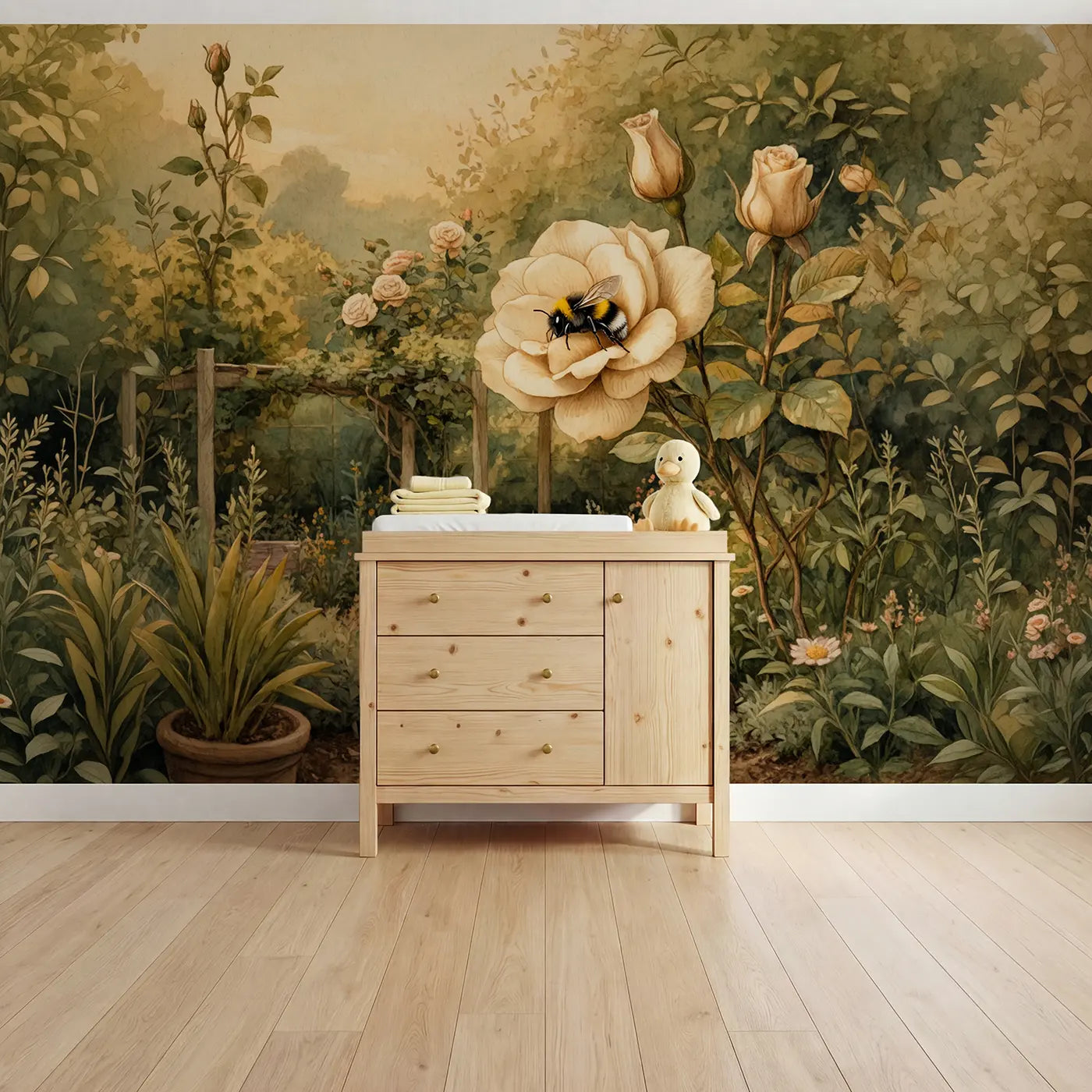 Storybook bumblebee flower garden wallpaper mural for nursery by Whimsy Tots