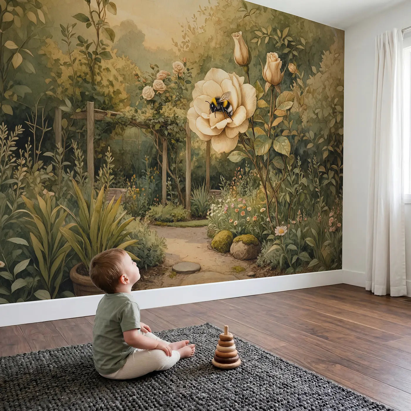 Child in nursery with Bumblebee Sleeping Flower Head Wallpaper Mural by Whimsy Tots