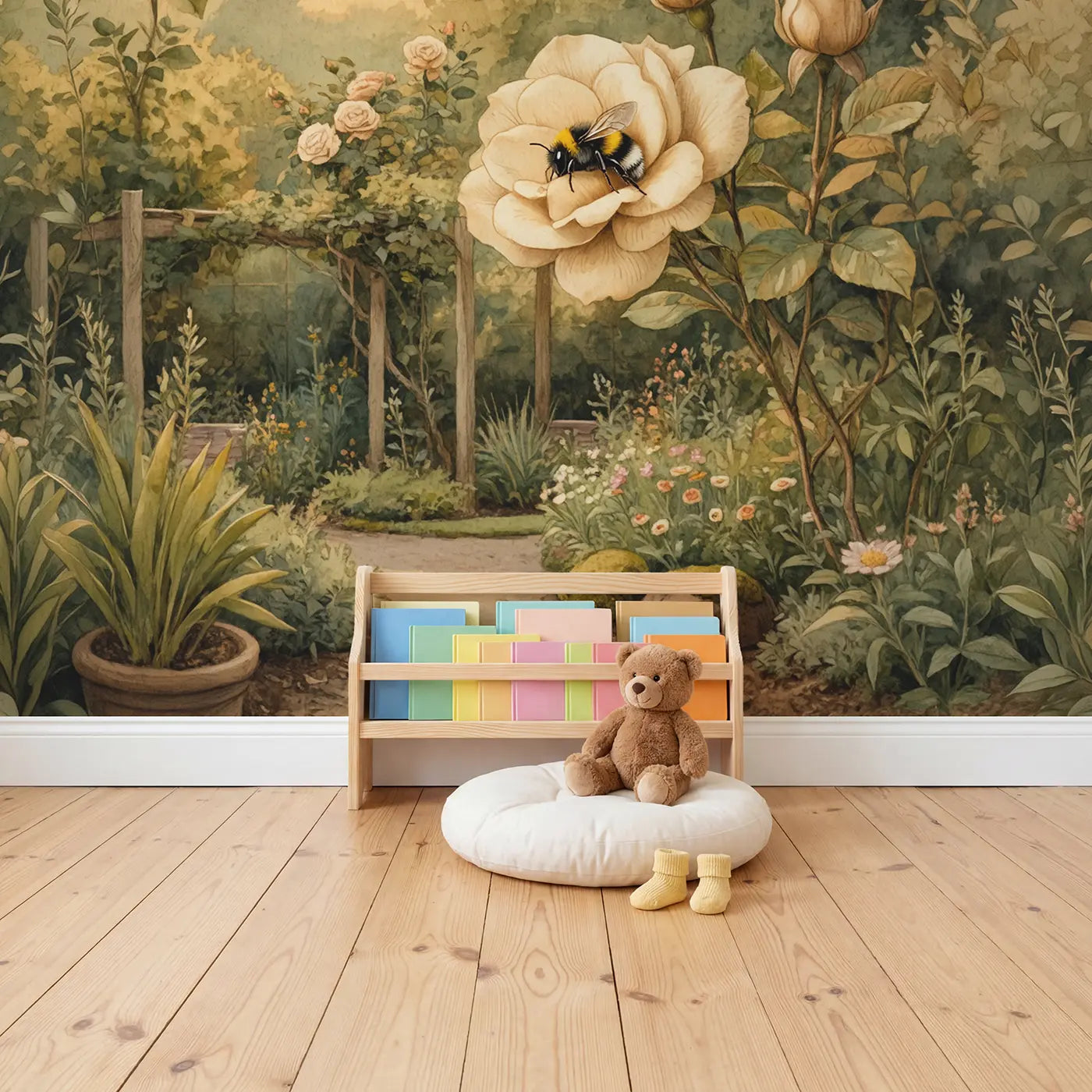 Bumblebee Sleeping Flower Head Wallpaper Mural in playroom setting by Whimsy Tots