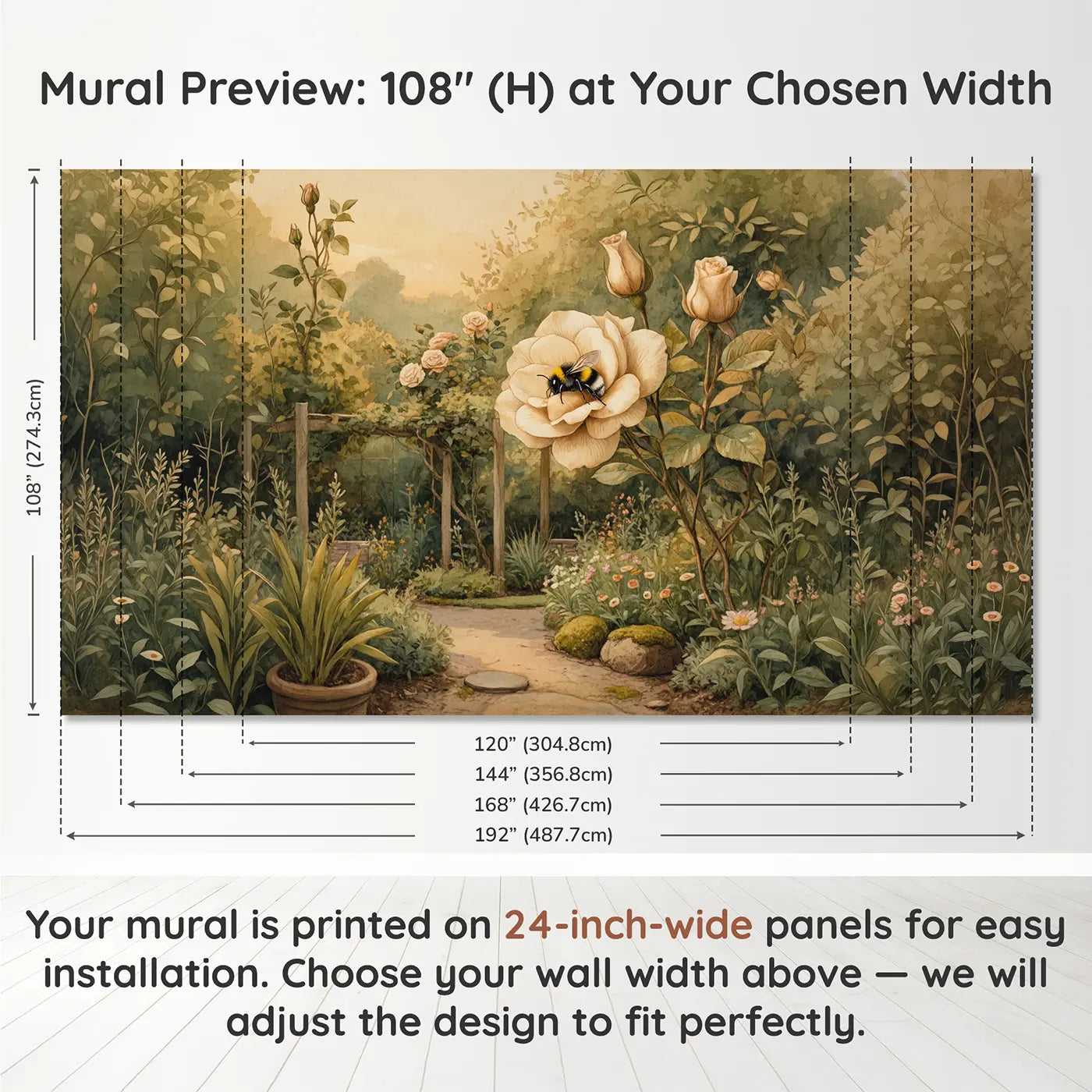 Panel layout and dimensions for Bumblebee Sleeping Flower Head Wallpaper Mural by Whimsy Tots