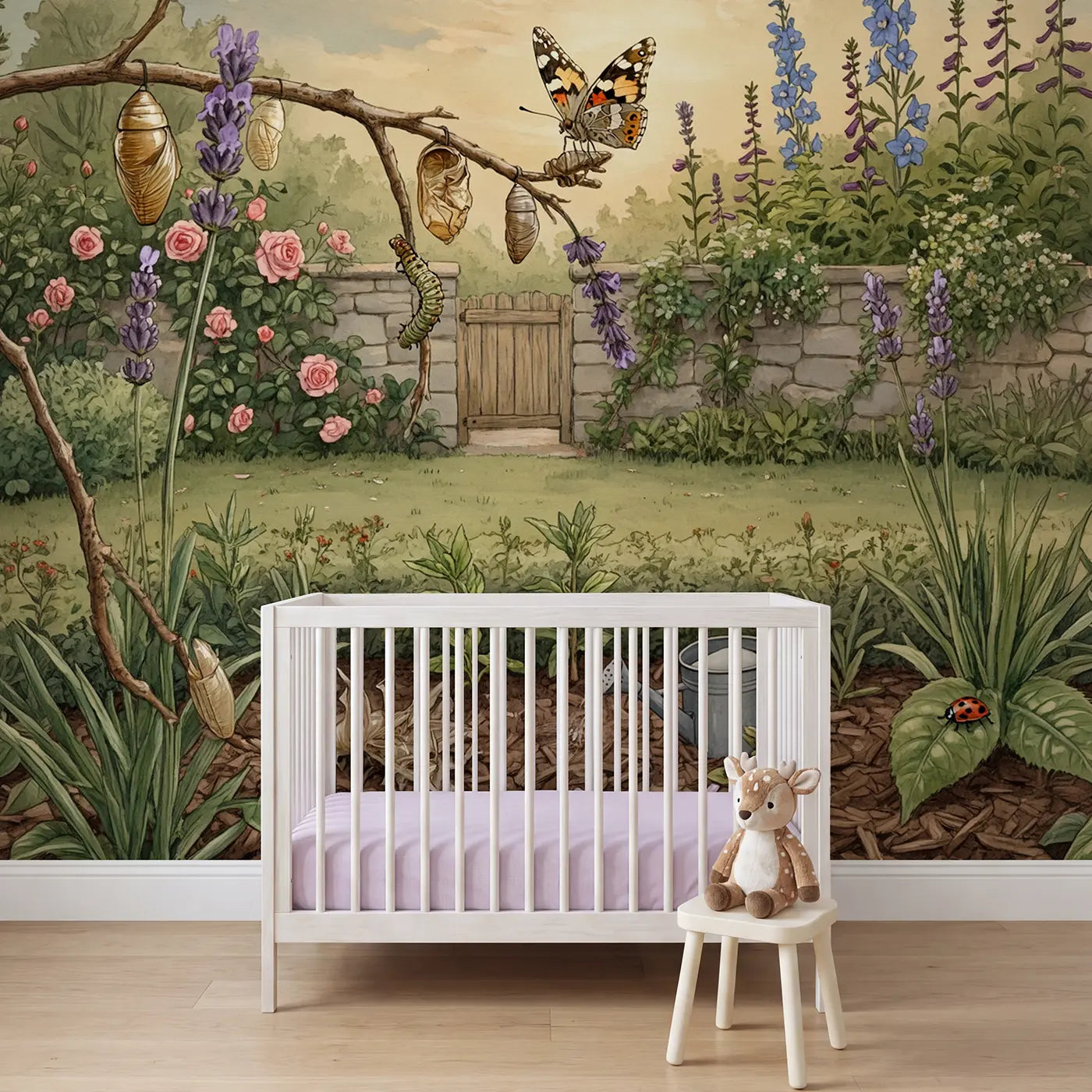storybook illustration butterfly chrysalis garden mural for girls room by Whimsy Tots