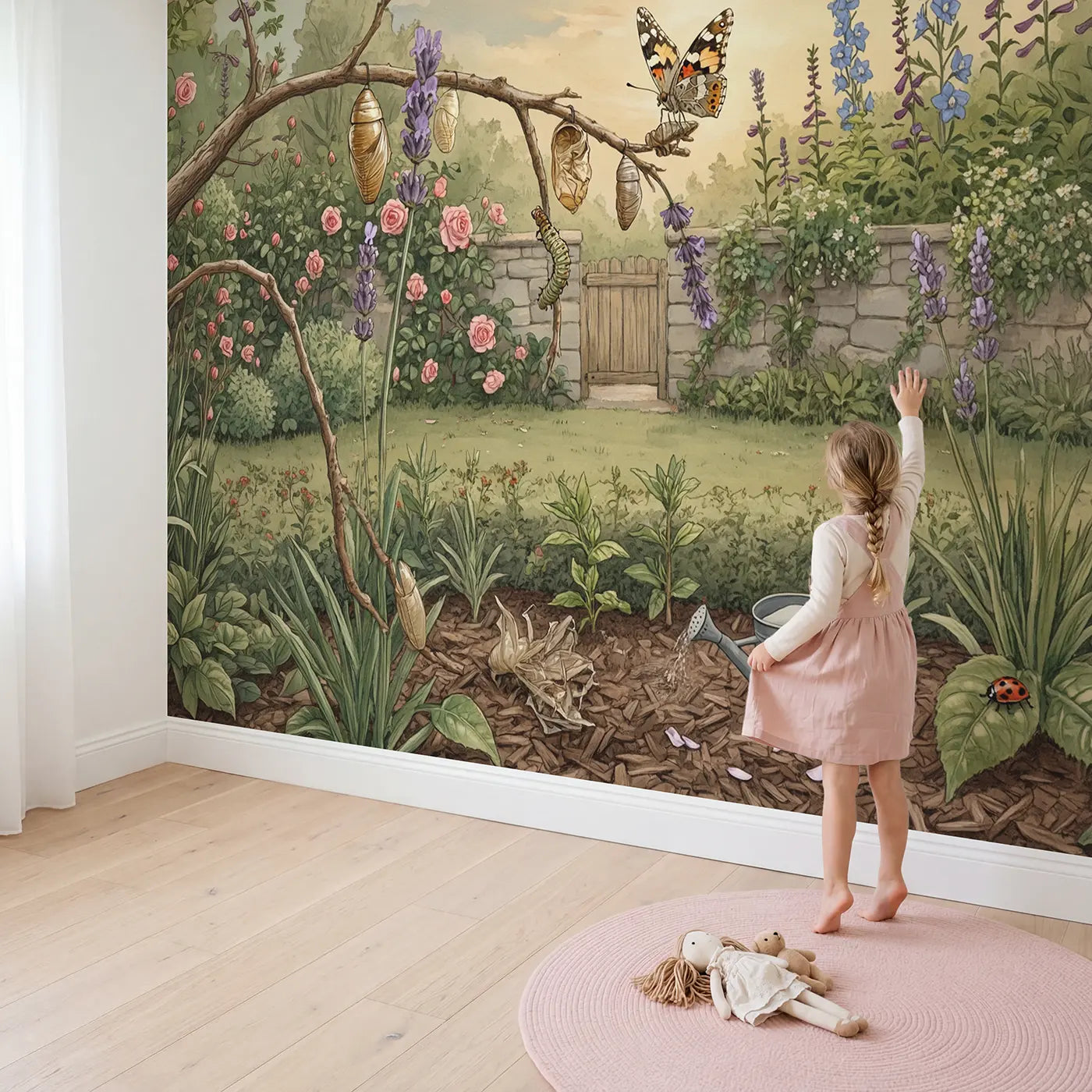 Child in nursery with Butterfly Chrysalis Emergence Garden Wallpaper Mural by Whimsy Tots