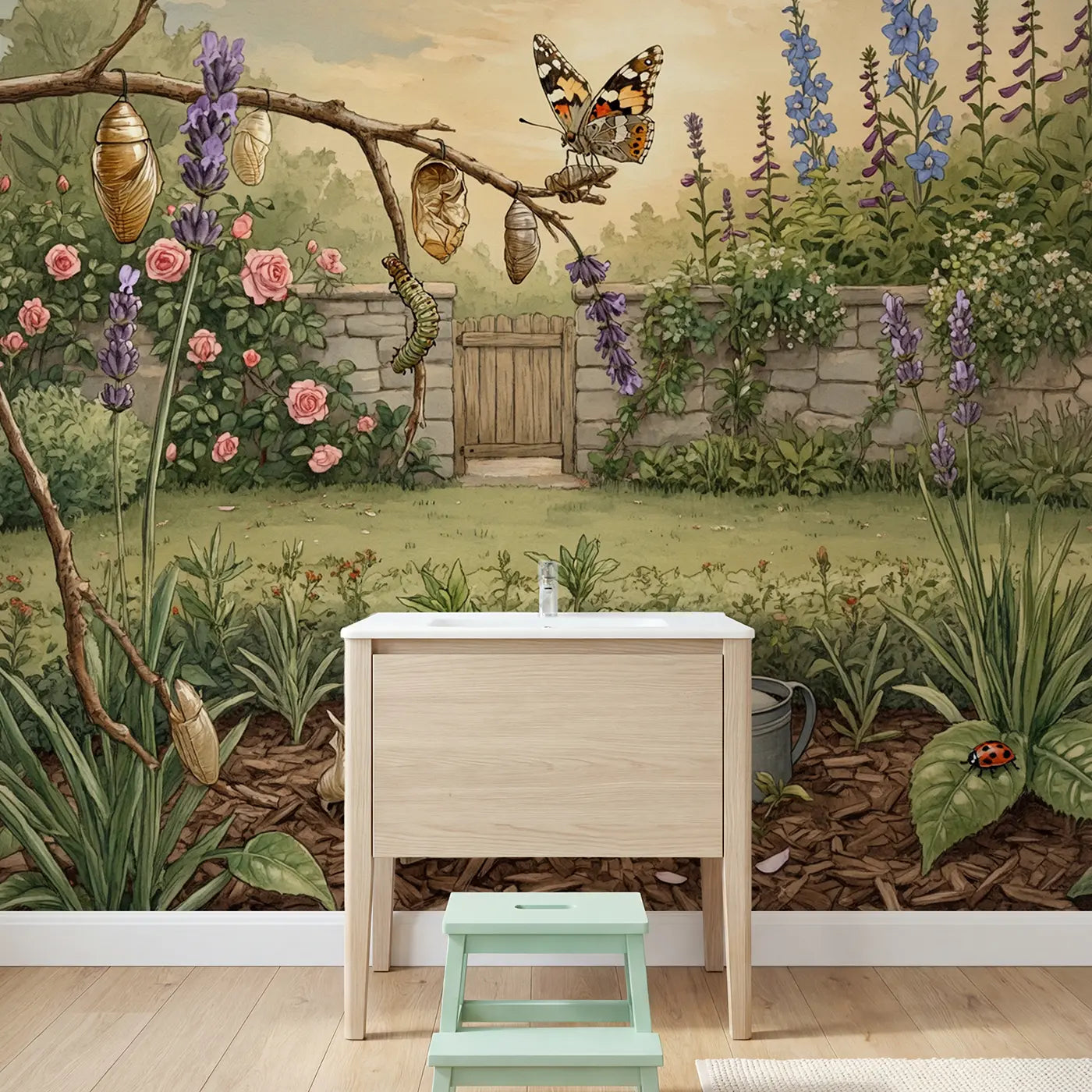 Butterfly Chrysalis Emergence Garden Wallpaper Mural in playroom setting by Whimsy Tots