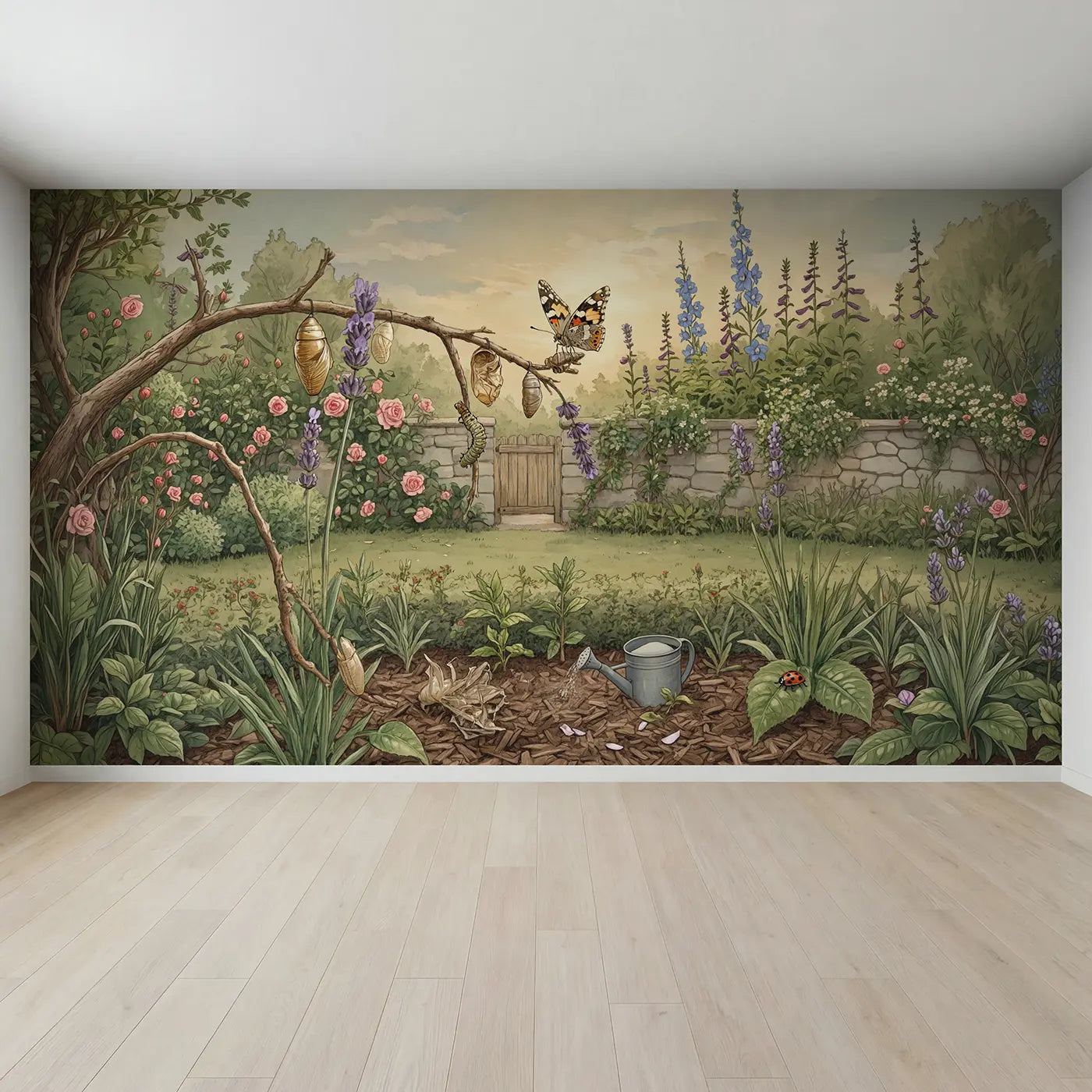 Full view of Butterfly Chrysalis Emergence Garden Wallpaper Mural by Whimsy Tots