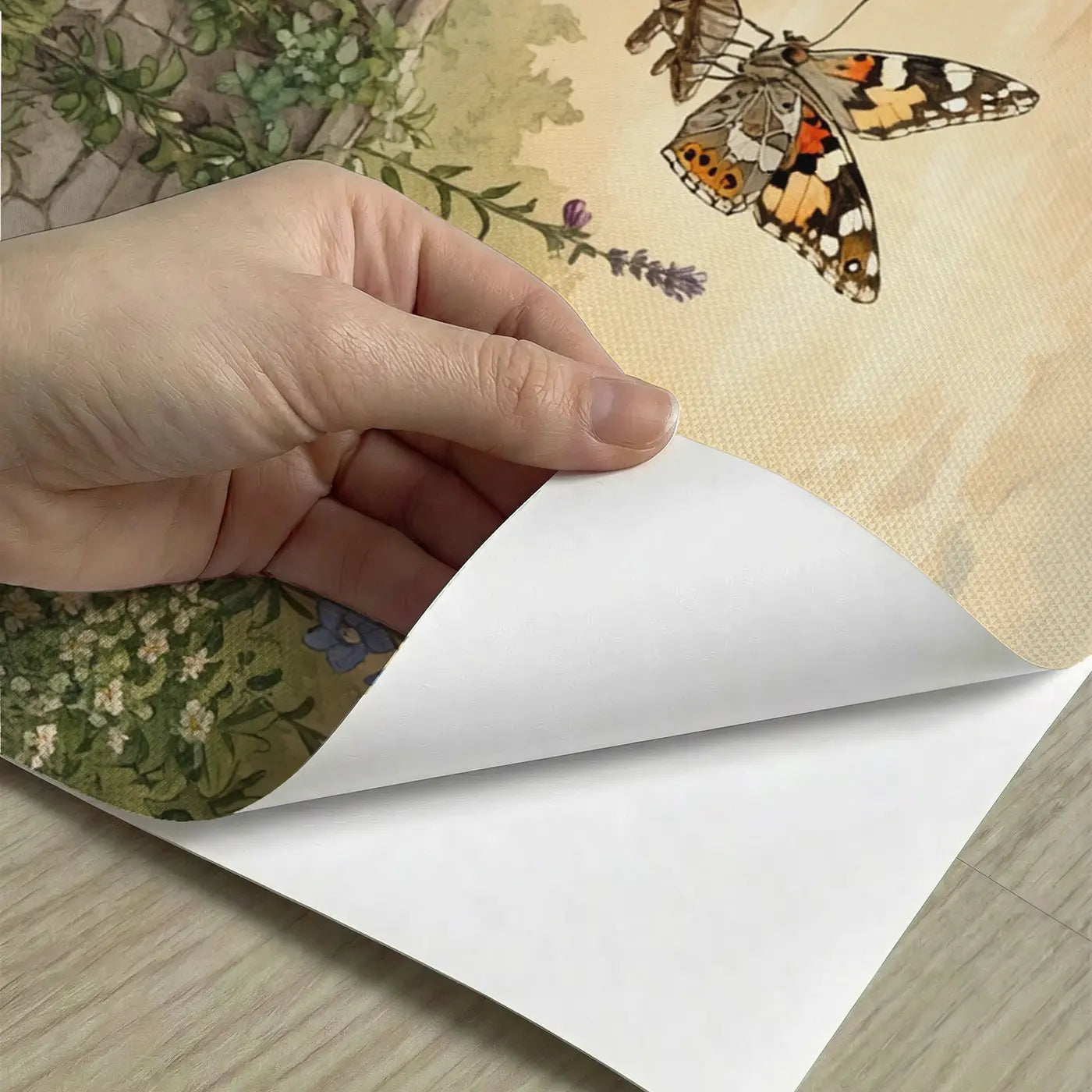 Peel-and-stick detail of Butterfly Chrysalis Emergence Garden Wallpaper Mural by Whimsy Tots