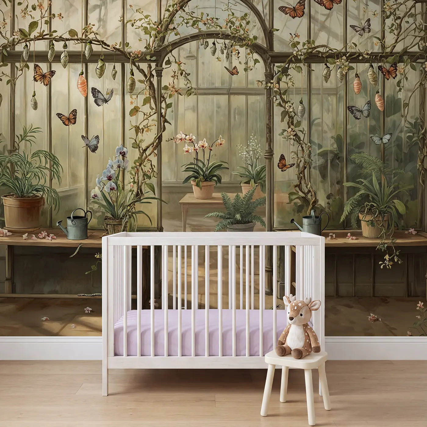Botanical elegance butterflies in greenhouse wallpaper mural for girls room by Whimsy Tots