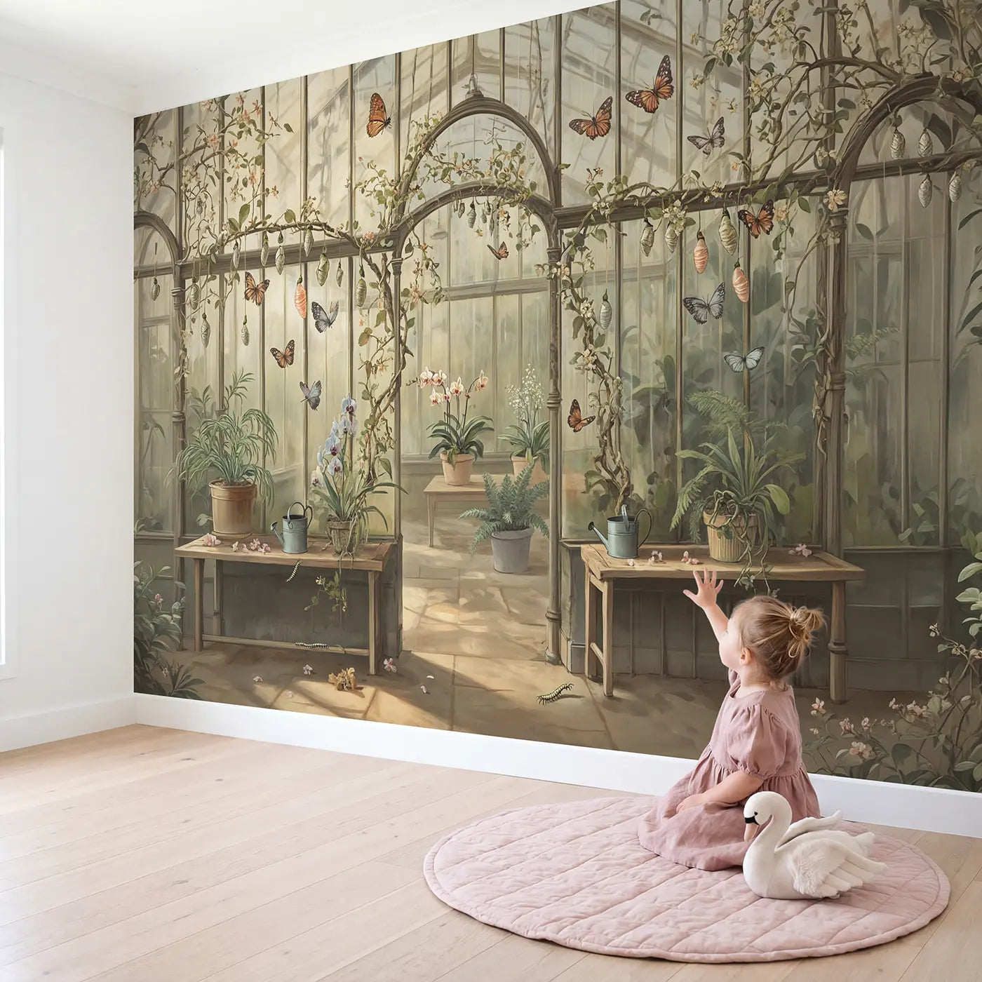 Child in nursery with Butterfly Greenhouse Nursery Wallpaper Mural by Whimsy Tots