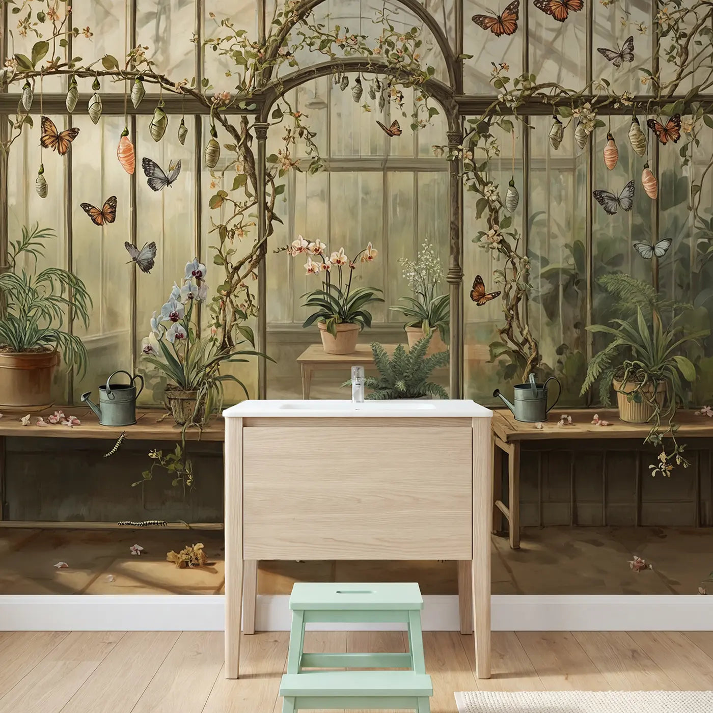Butterfly Greenhouse Nursery Wallpaper Mural in playroom setting by Whimsy Tots