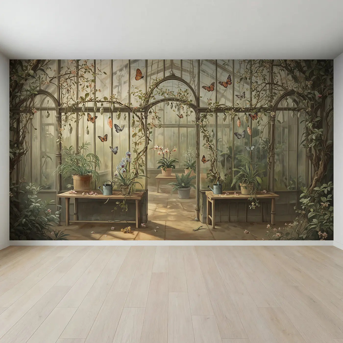 Full view of Butterfly Greenhouse Nursery Wallpaper Mural by Whimsy Tots