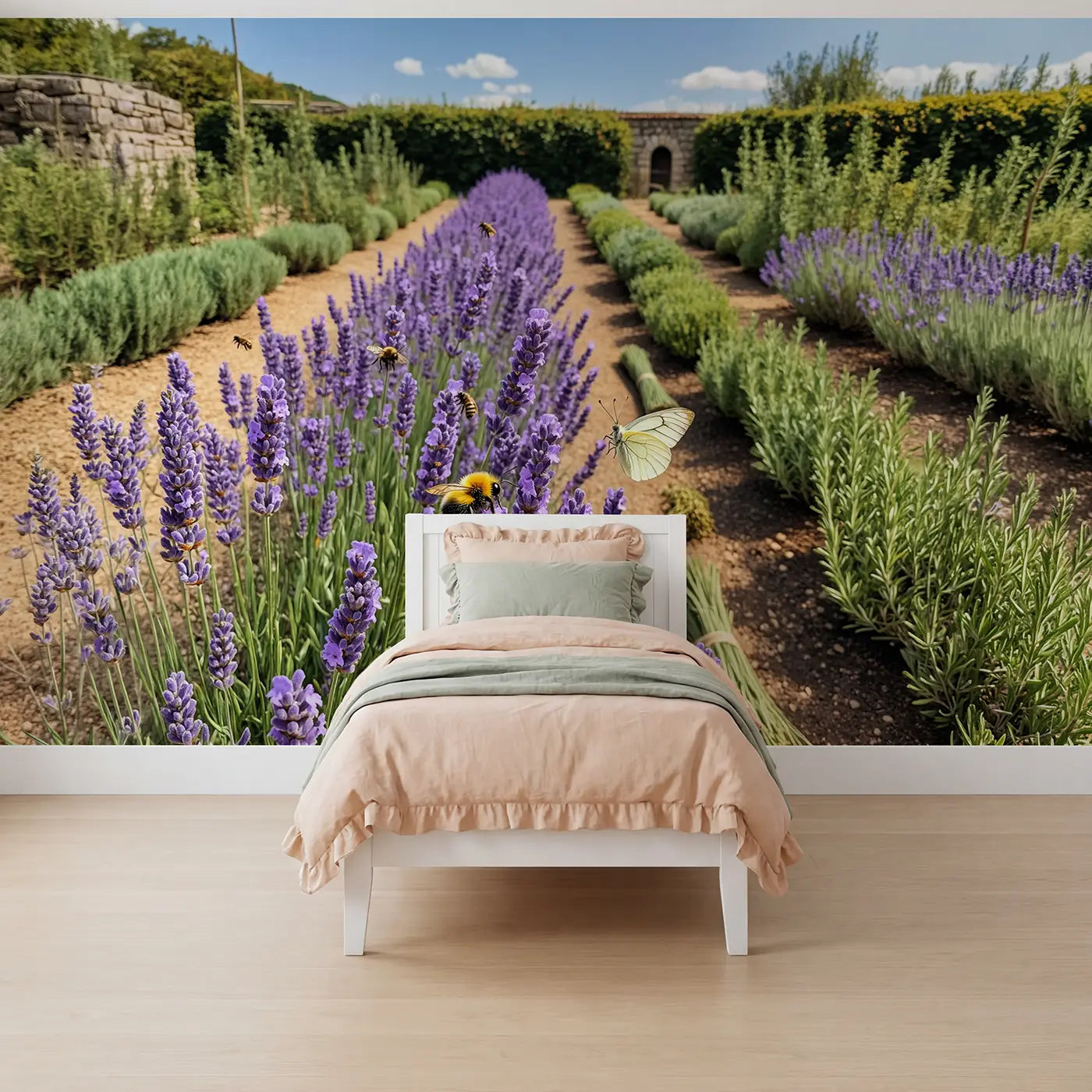 soft pastel bee and butterfly lavender garden mural for girls room by Whimsy Tots