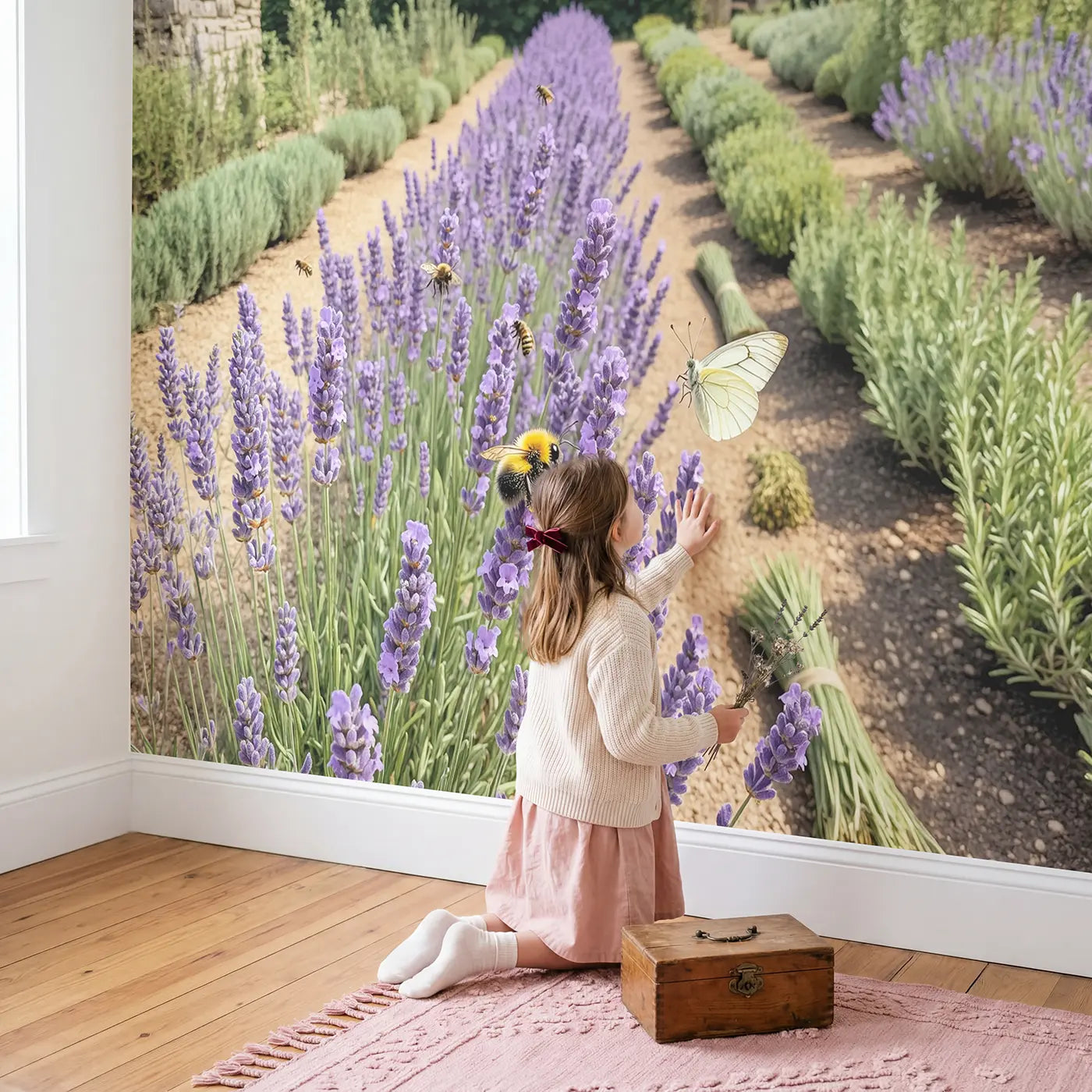 Child in nursery with Bee and Butterfly Lavender Row Wallpaper Mural by Whimsy Tots