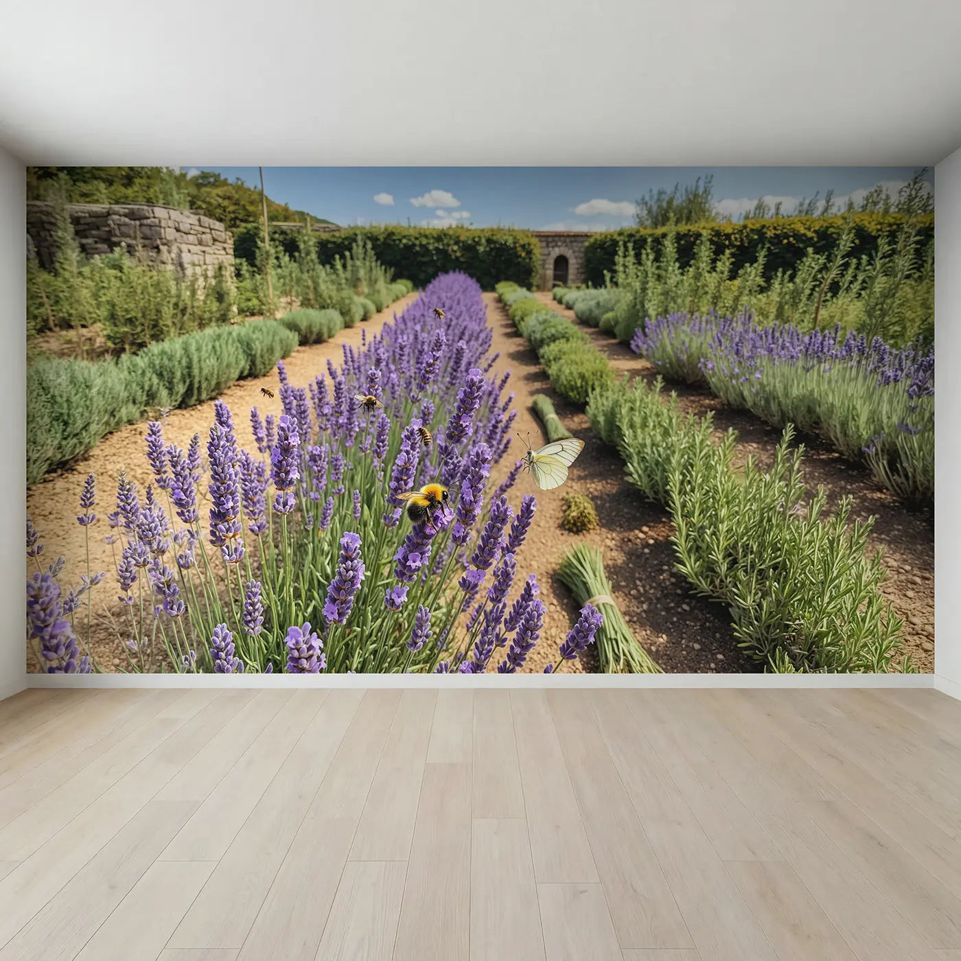 Full view of Bee and Butterfly Lavender Row Wallpaper Mural by Whimsy Tots