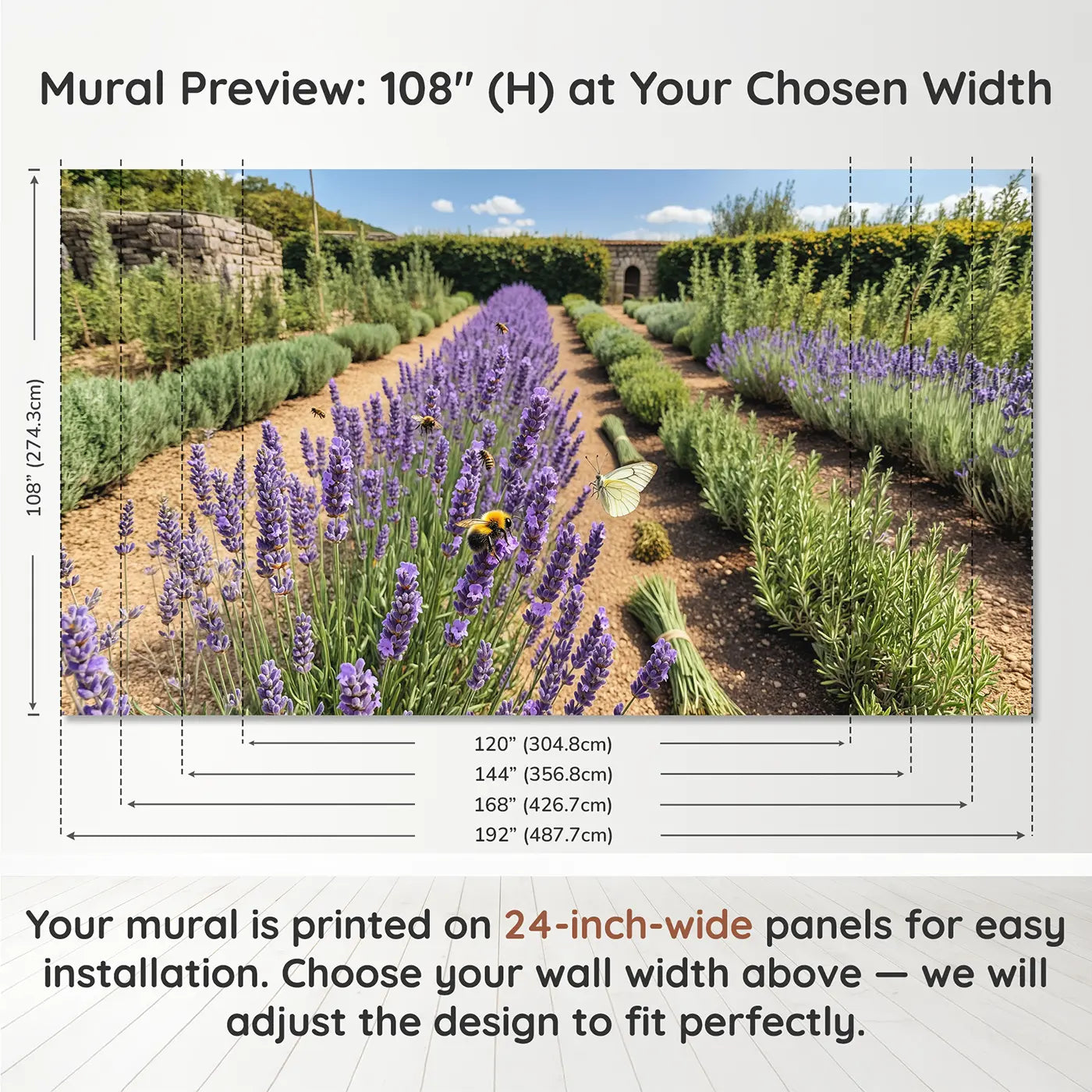 Panel layout and dimensions for Bee and Butterfly Lavender Row Wallpaper Mural by Whimsy Tots