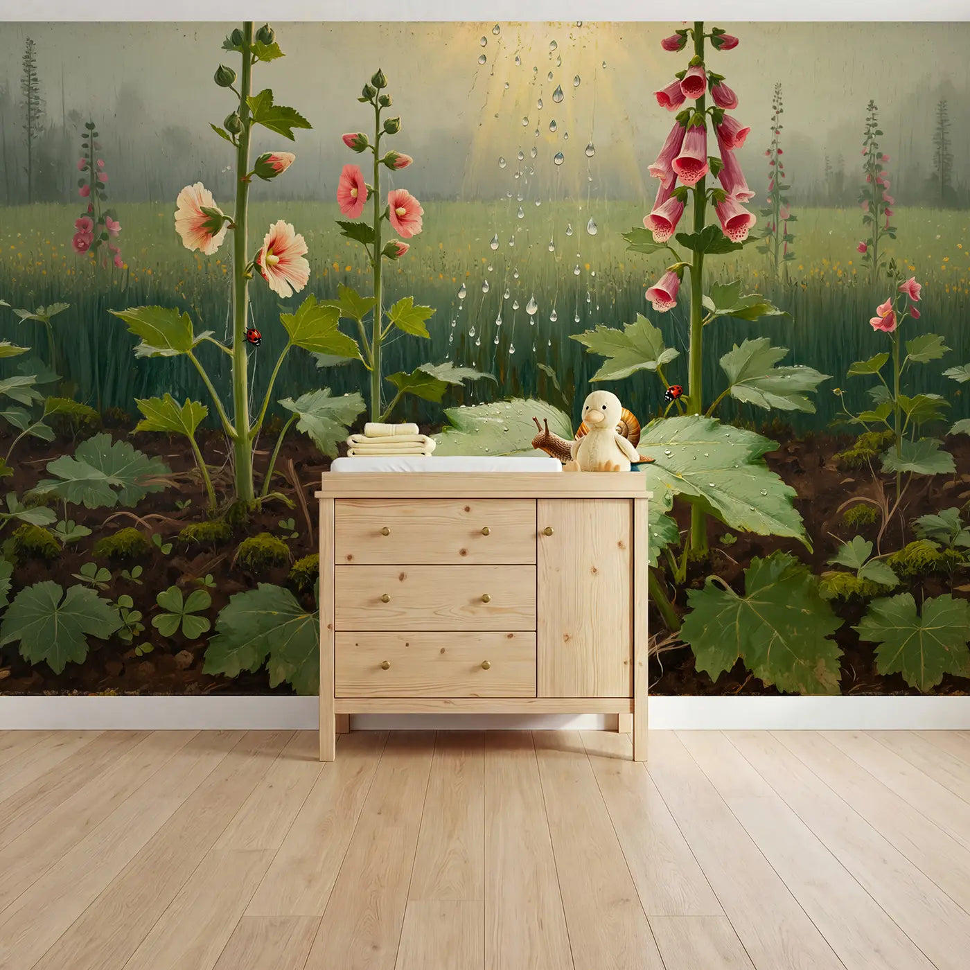 Painted landscape caterpillar snail dew leaf wallpaper mural for nursery by Whimsy Tots