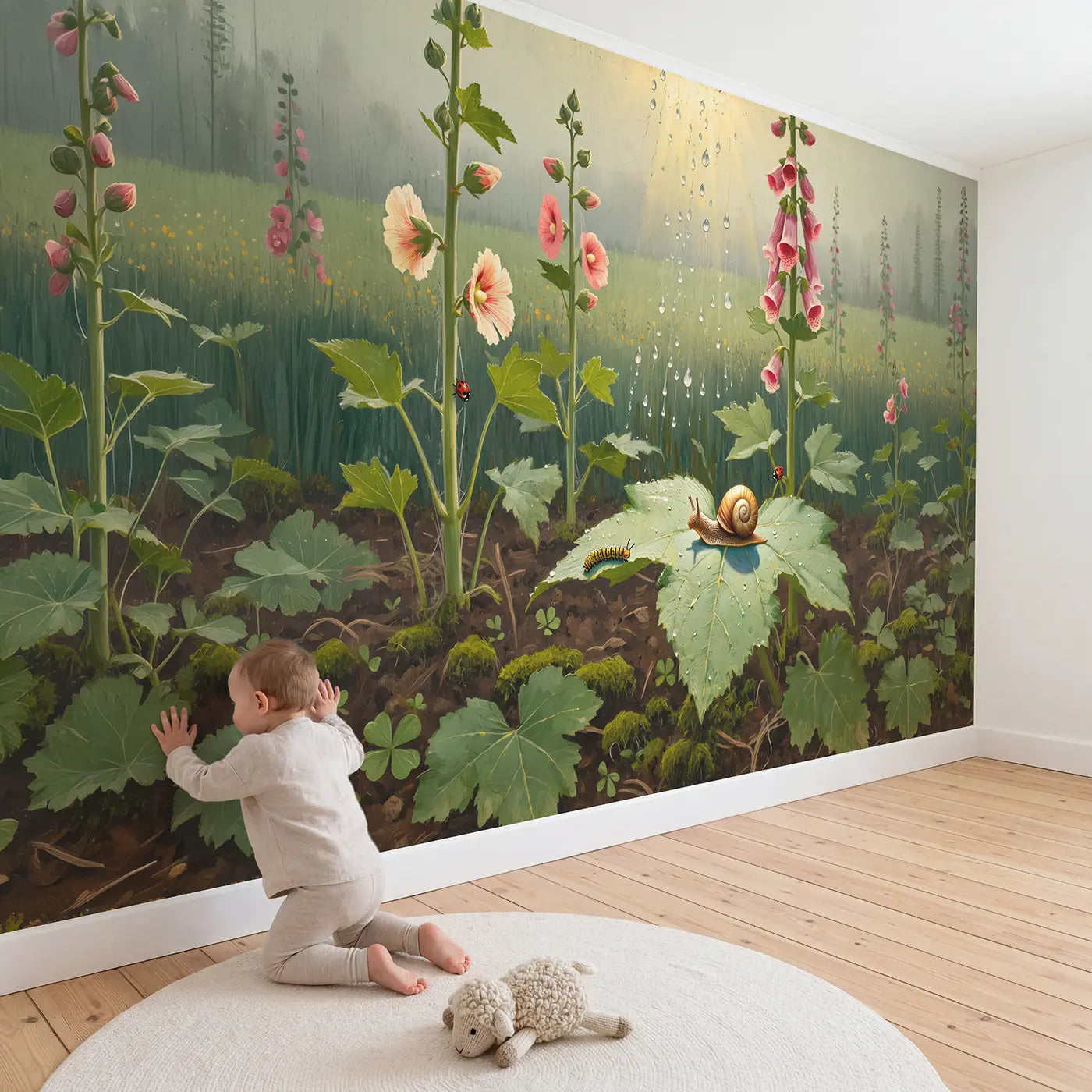 Child in nursery with Morning Dew Leaf Companions Wallpaper Mural by Whimsy Tots