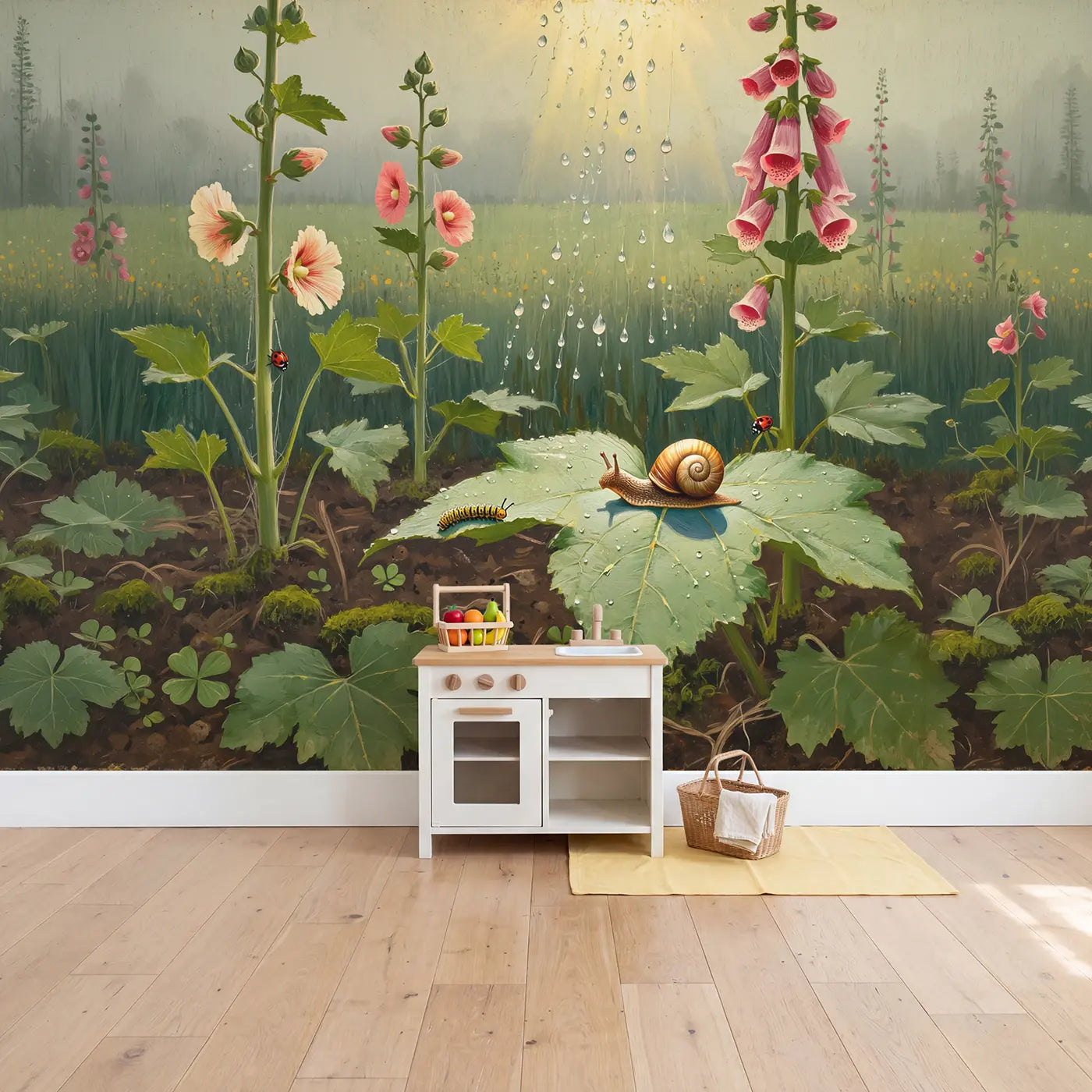 Morning Dew Leaf Companions Wallpaper Mural in playroom setting by Whimsy Tots
