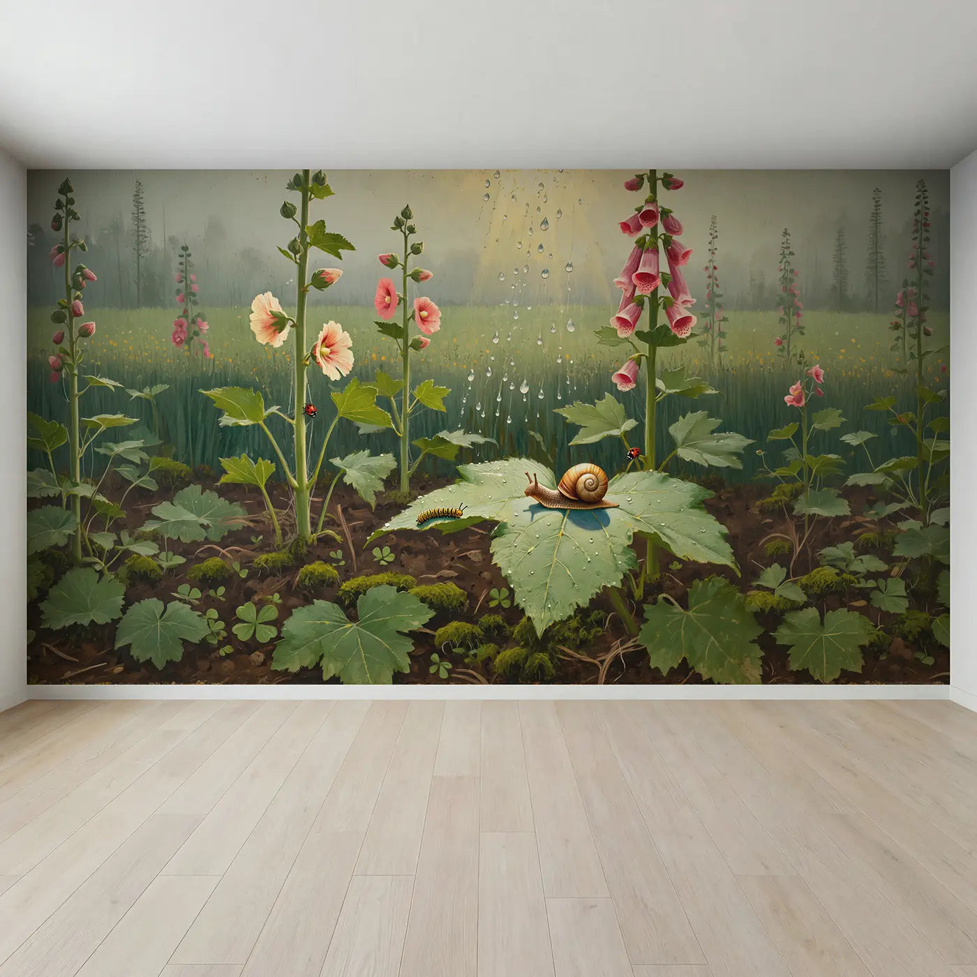 Full view of Morning Dew Leaf Companions Wallpaper Mural by Whimsy Tots