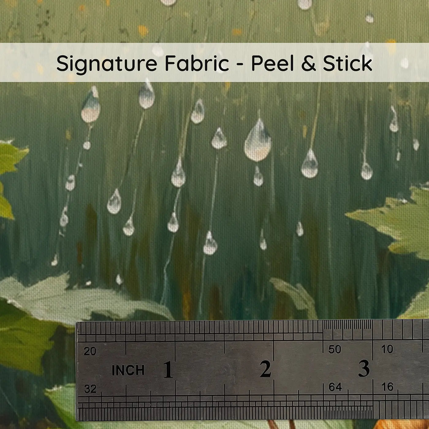 Fabric texture close-up of Morning Dew Leaf Companions Wallpaper Mural by Whimsy Tots