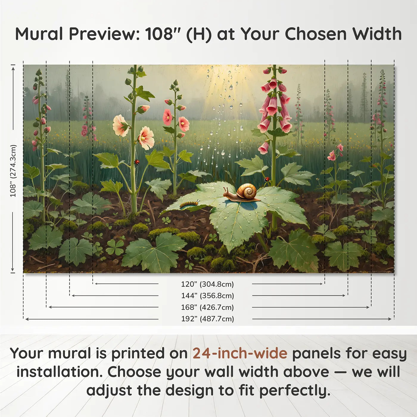 Panel layout and dimensions for Morning Dew Leaf Companions Wallpaper Mural by Whimsy Tots