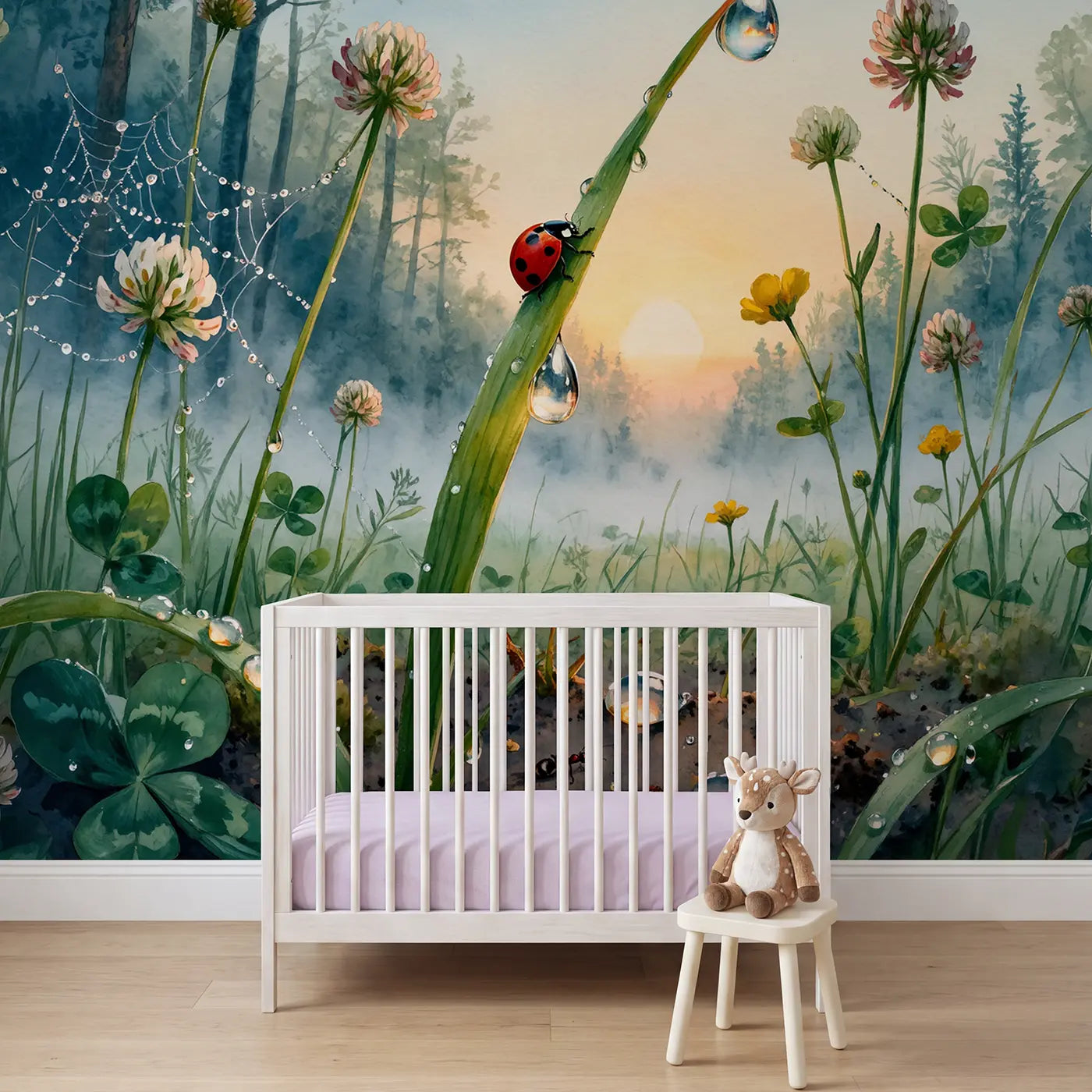 watercolor morning ladybug dewdrop meadow wallpaper mural for girls room by Whimsy Tots
