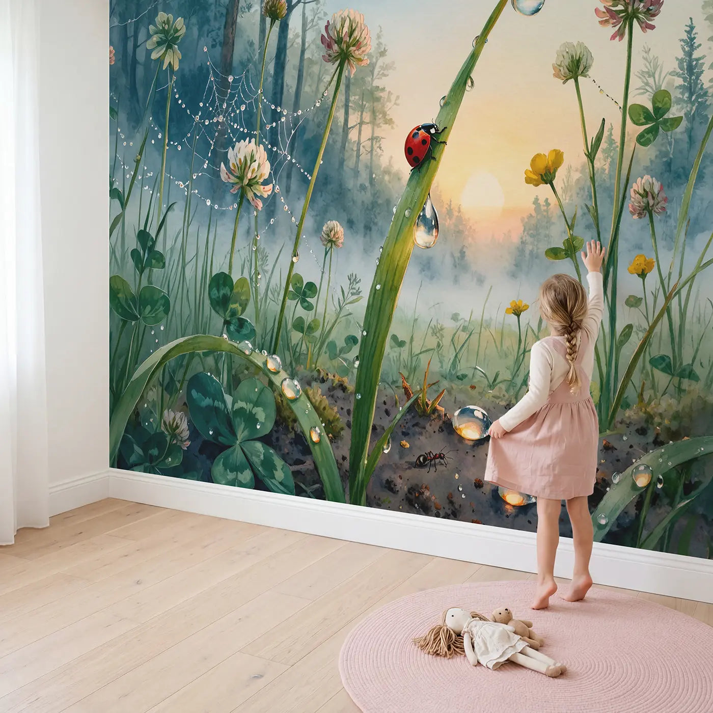 Child in nursery with Morning Ladybug Dewdrop Wallpaper Mural by Whimsy Tots