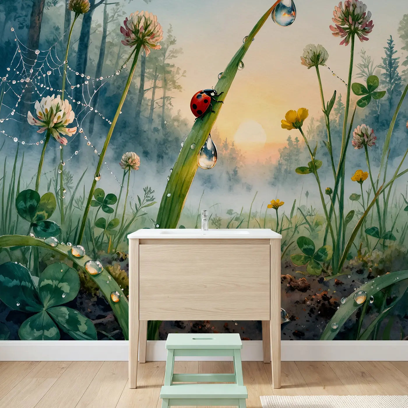 Morning Ladybug Dewdrop Wallpaper Mural in playroom setting by Whimsy Tots