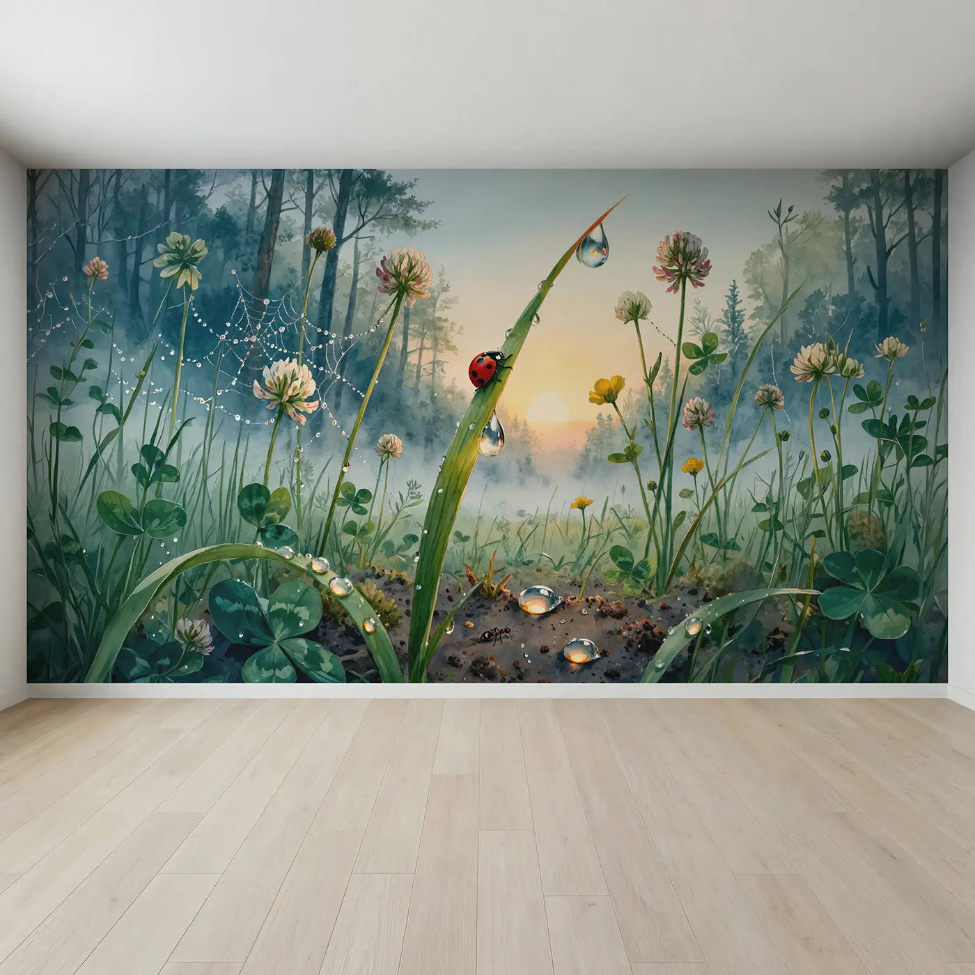 Full view of Morning Ladybug Dewdrop Wallpaper Mural by Whimsy Tots