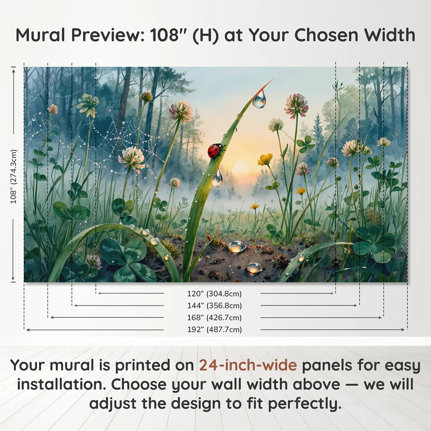 Panel layout and dimensions for Morning Ladybug Dewdrop Wallpaper Mural by Whimsy Tots