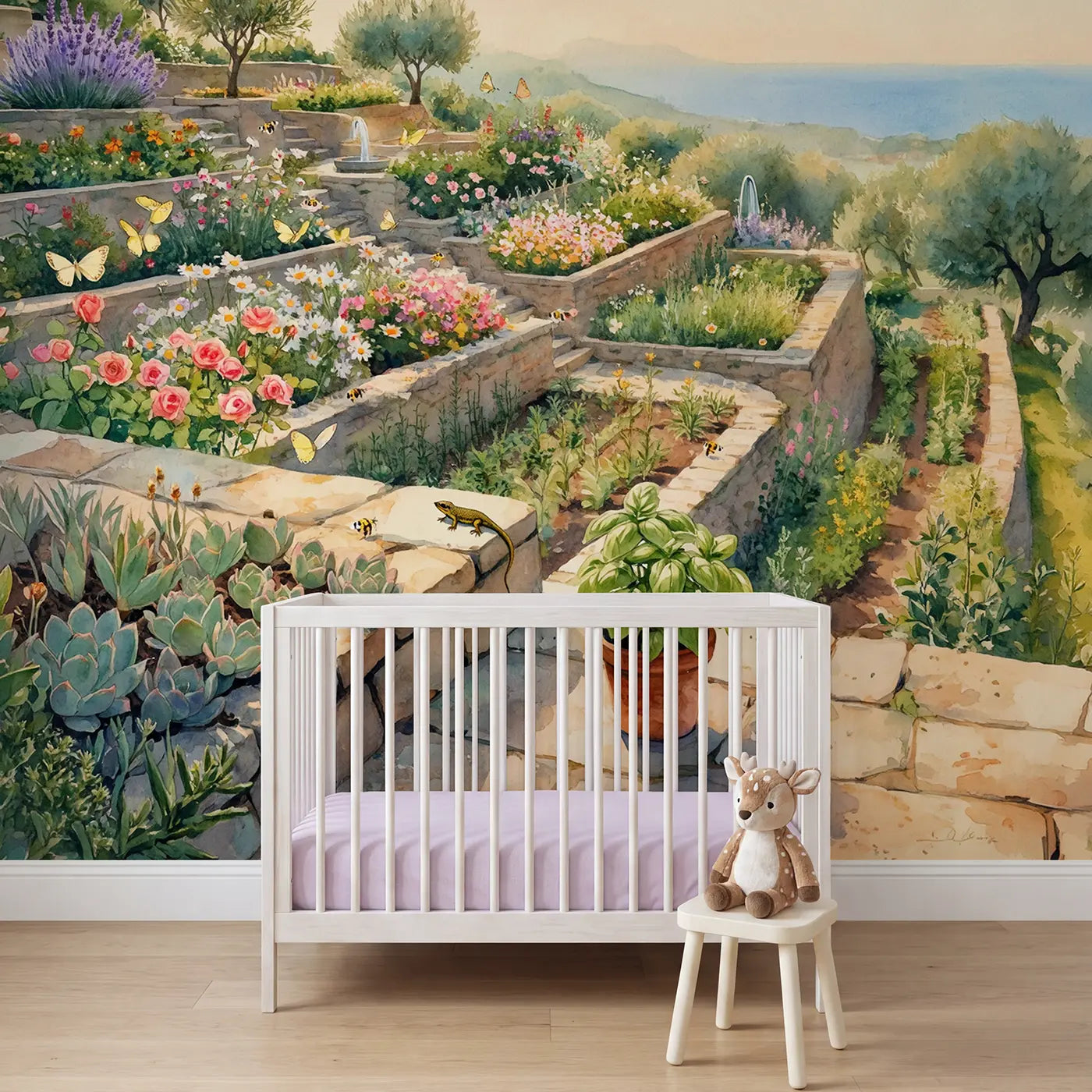 Watercolor hillside terrace garden insects wallpaper mural for girls room by Whimsy Tots