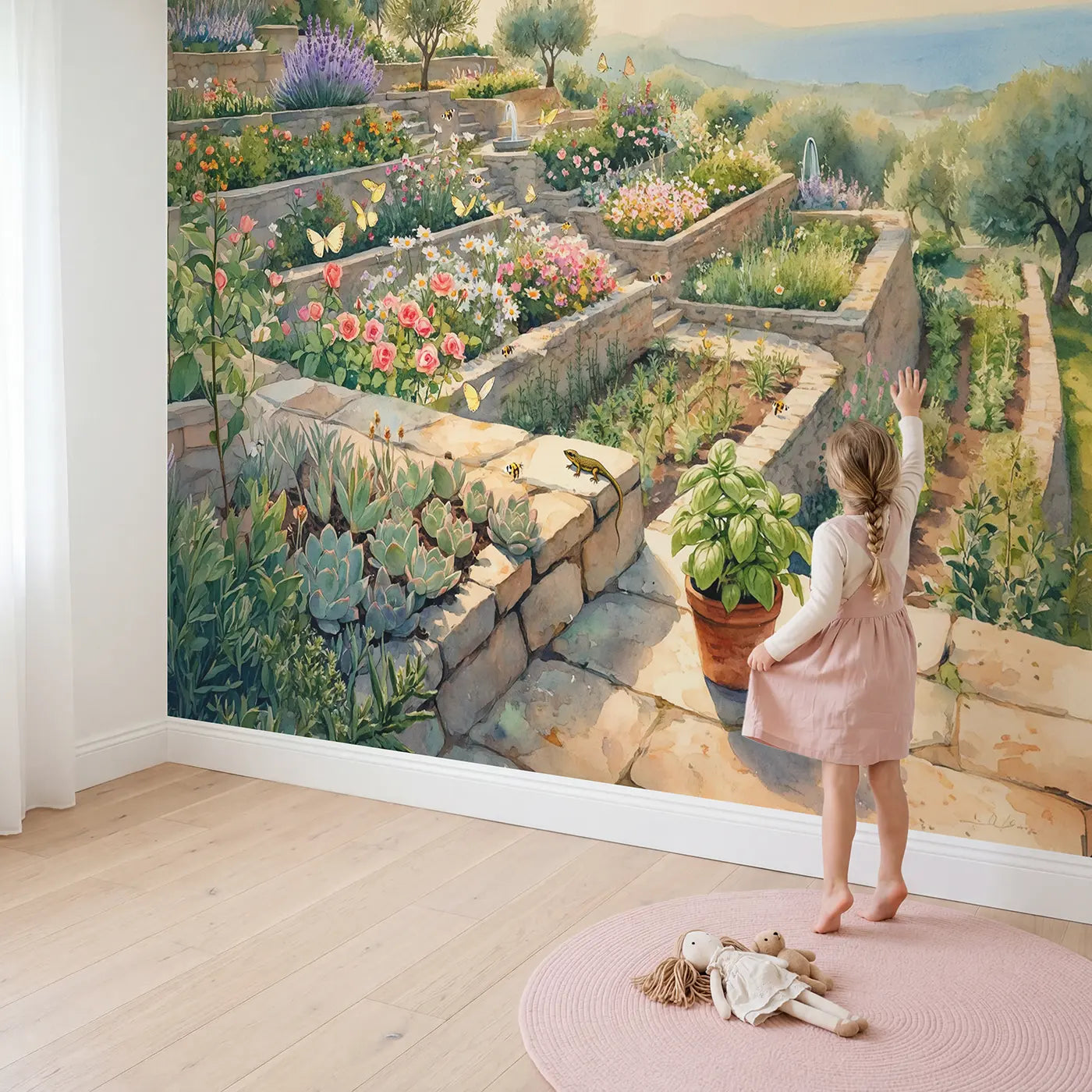 Child in nursery with Hillside Terrace Garden Insects Wallpaper Mural by Whimsy Tots