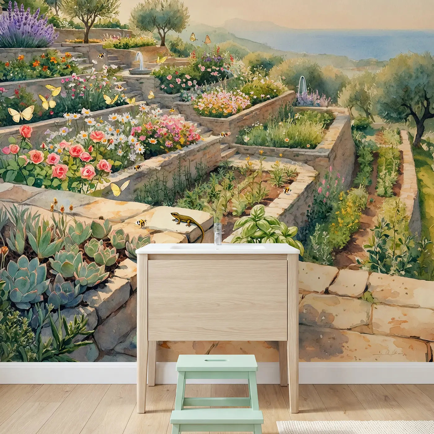 Hillside Terrace Garden Insects Wallpaper Mural in playroom setting by Whimsy Tots
