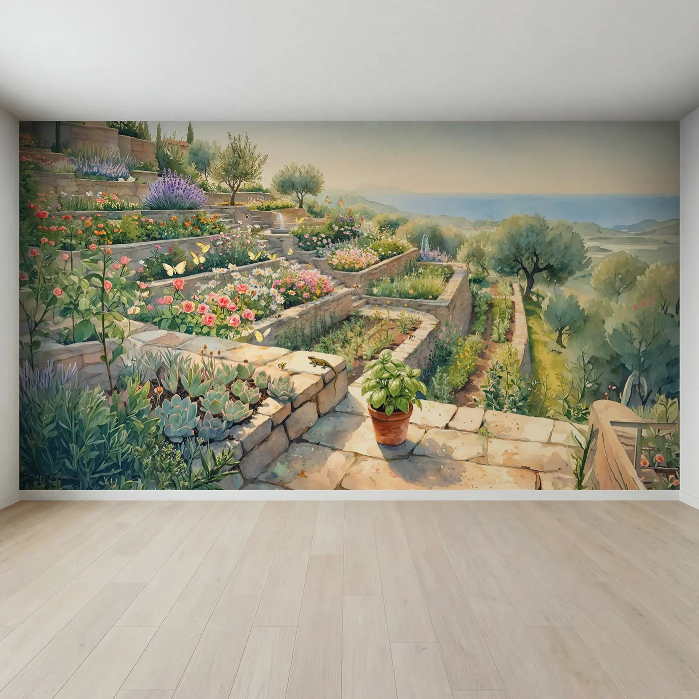 Full view of Hillside Terrace Garden Insects Wallpaper Mural by Whimsy Tots