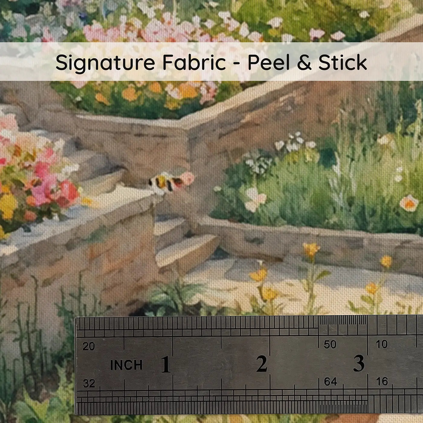 Fabric texture close-up of Hillside Terrace Garden Insects Wallpaper Mural by Whimsy Tots