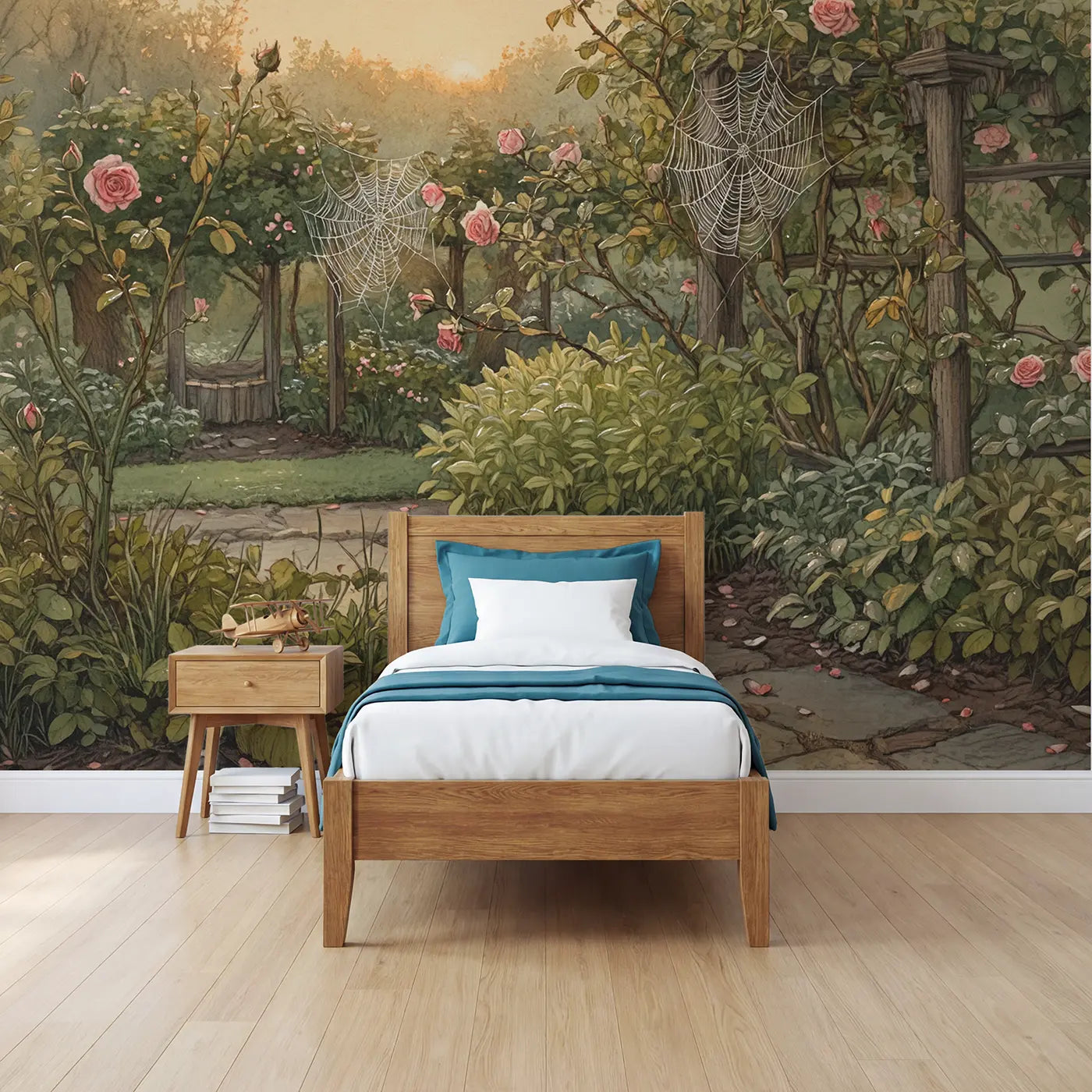 Storybook spider web roses garden wallpaper mural for boys room by Whimsy Tots
