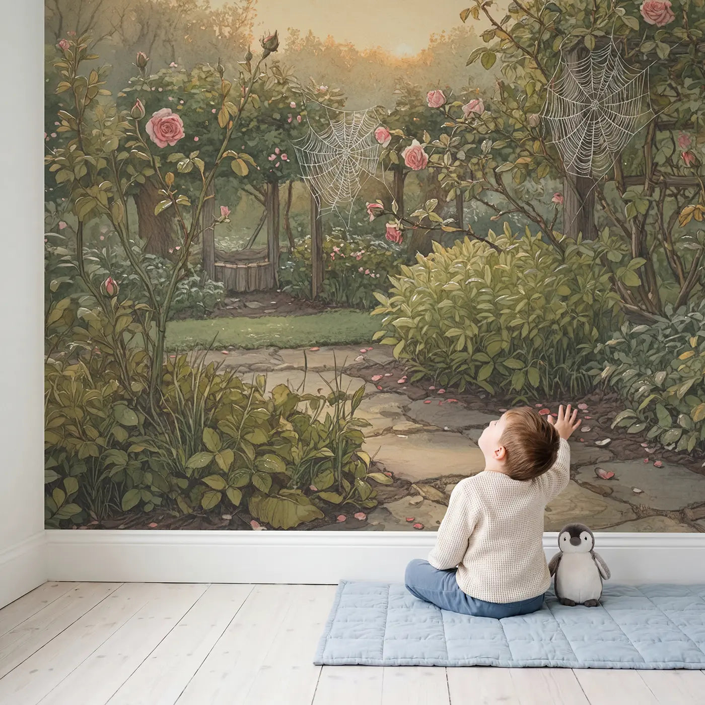 Child in nursery with Spider Web Rose Stems Wallpaper Mural by Whimsy Tots