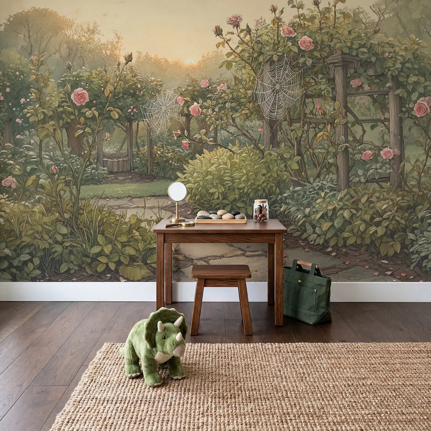 Spider Web Rose Stems Wallpaper Mural in playroom setting by Whimsy Tots