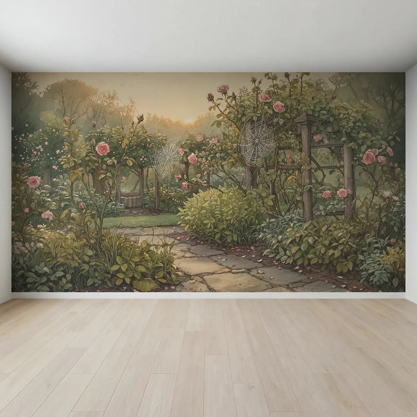Full view of Spider Web Rose Stems Wallpaper Mural by Whimsy Tots