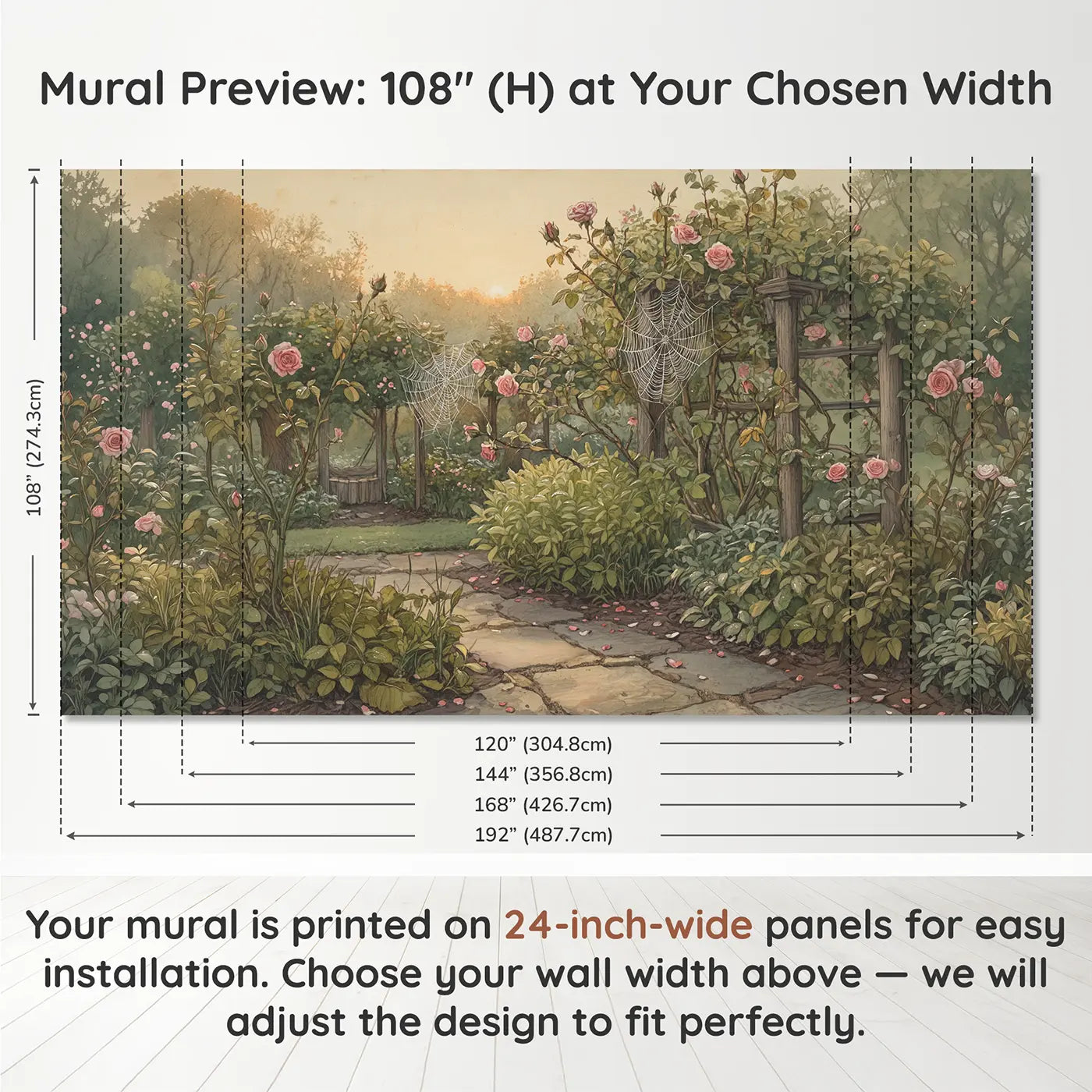 Panel layout and dimensions for Spider Web Rose Stems Wallpaper Mural by Whimsy Tots
