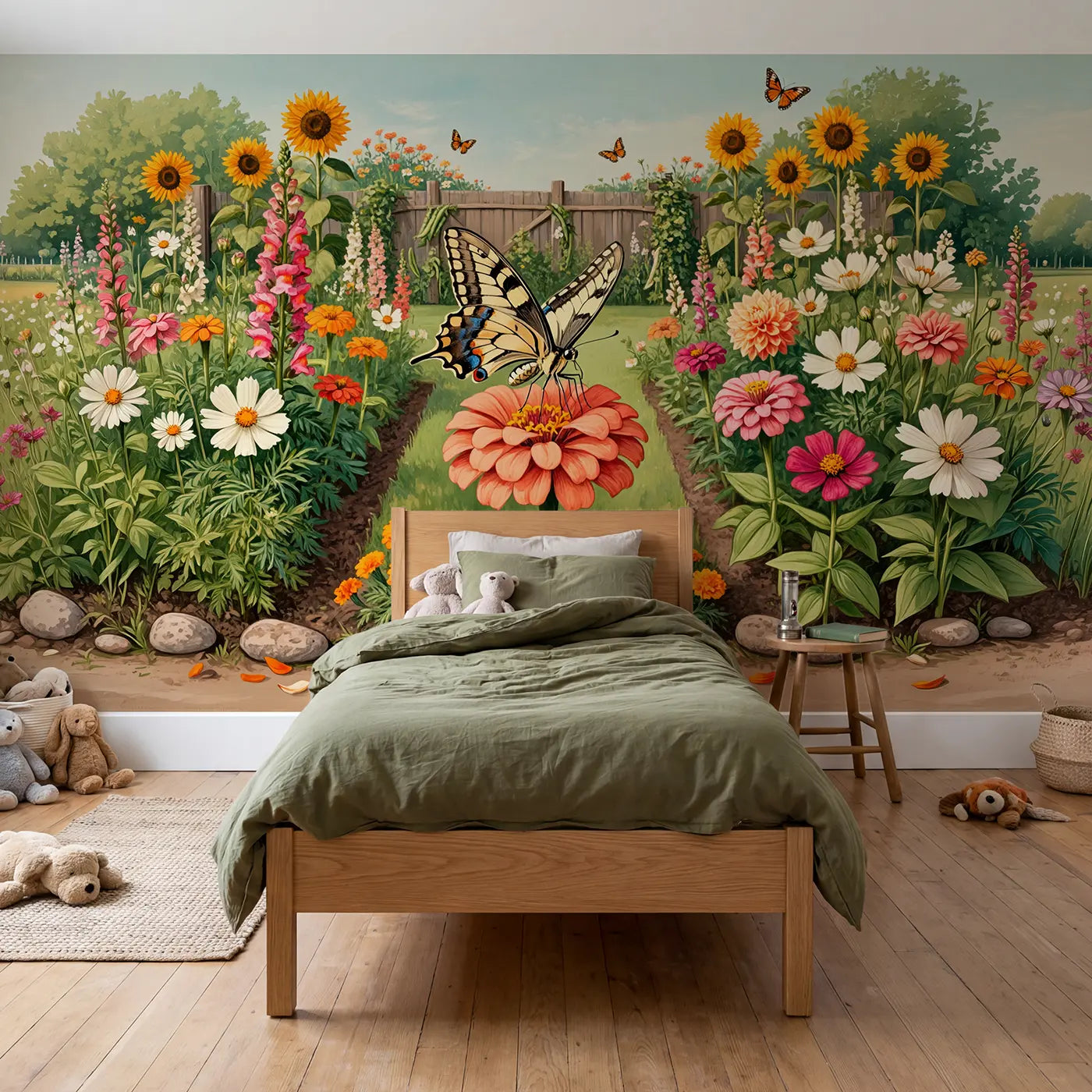 Block print swallowtail butterfly zinnia garden wallpaper mural for kids room by Whimsy Tots
