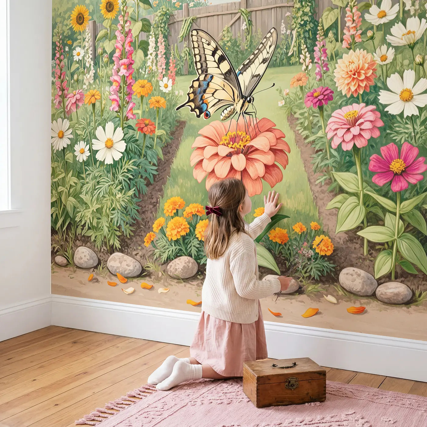 Child in nursery with Swallowtail on Zinnia Wallpaper Mural by Whimsy Tots