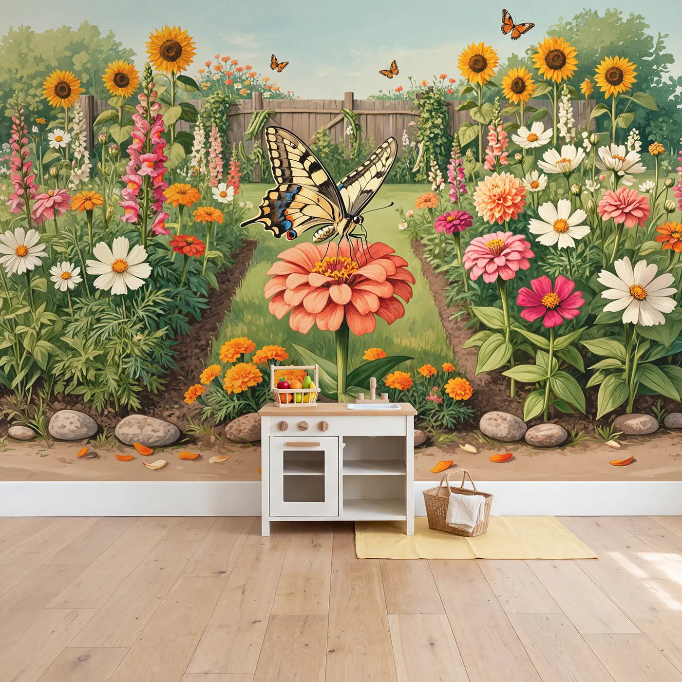 Swallowtail on Zinnia Wallpaper Mural in playroom setting by Whimsy Tots