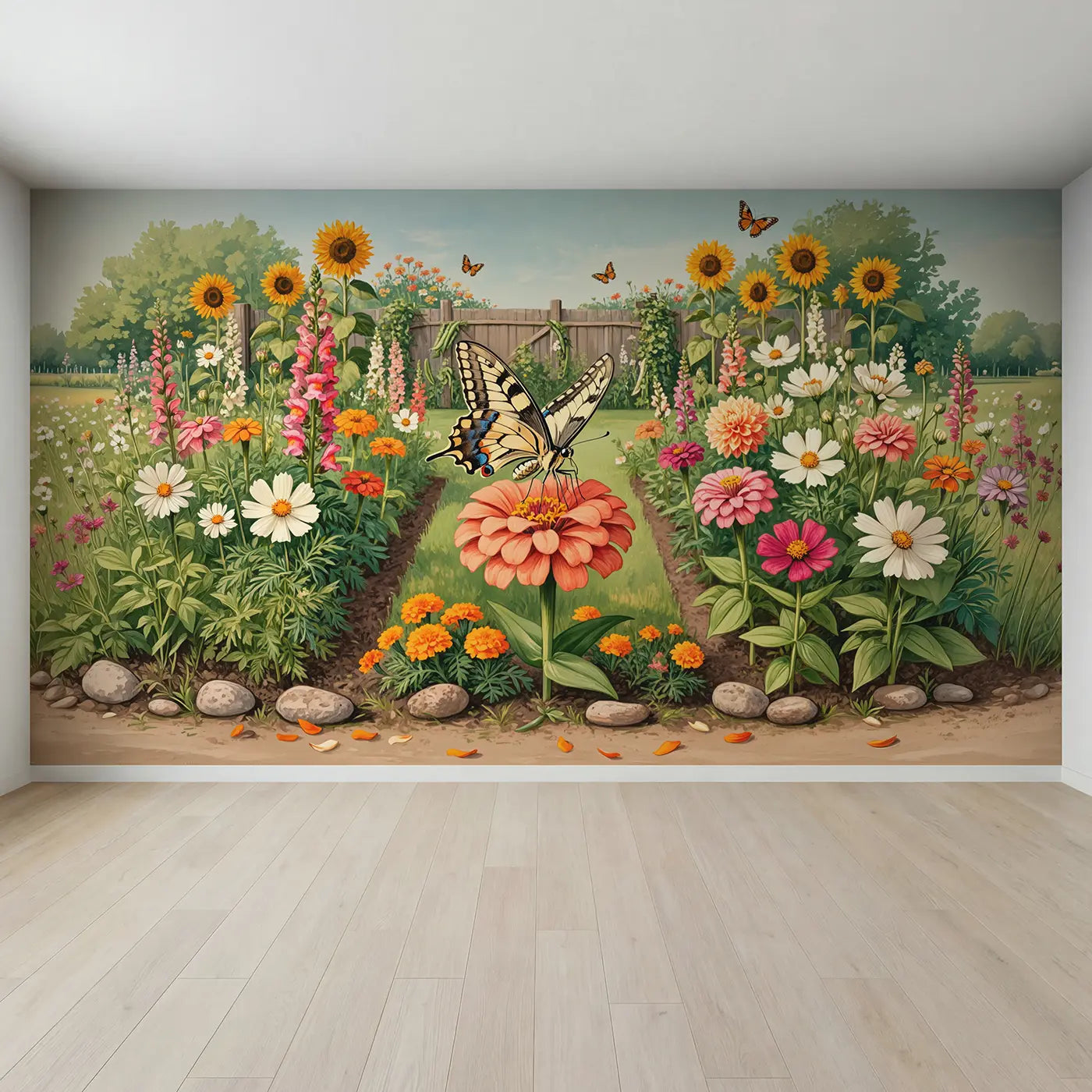 Full view of Swallowtail on Zinnia Wallpaper Mural by Whimsy Tots