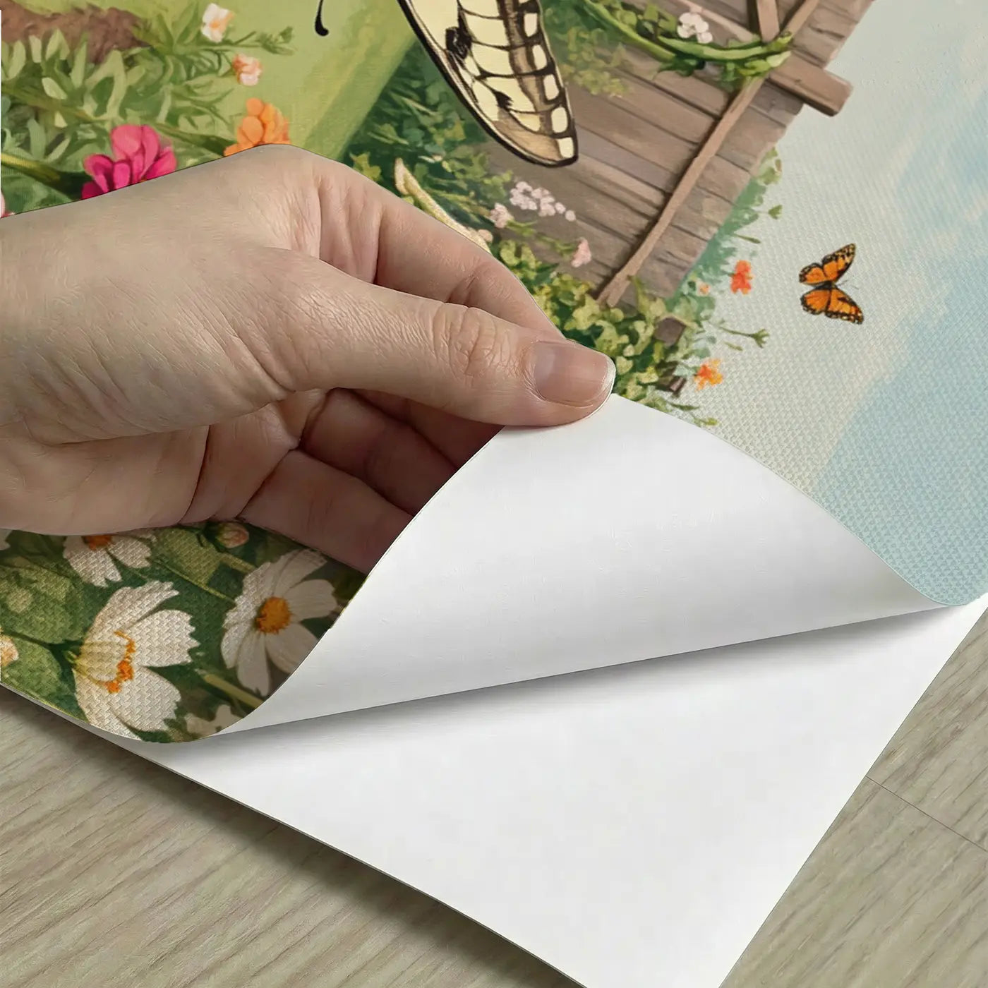 Peel-and-stick detail of Swallowtail on Zinnia Wallpaper Mural by Whimsy Tots