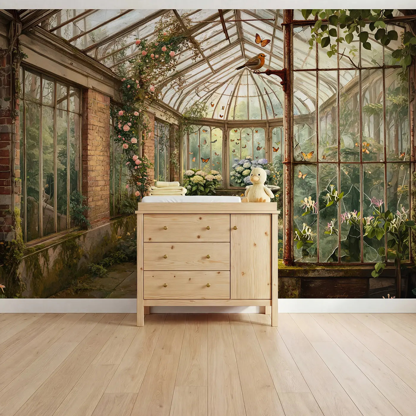 Soft pastel abandoned greenhouse with vines wallpaper mural for kids room by Whimsy Tots