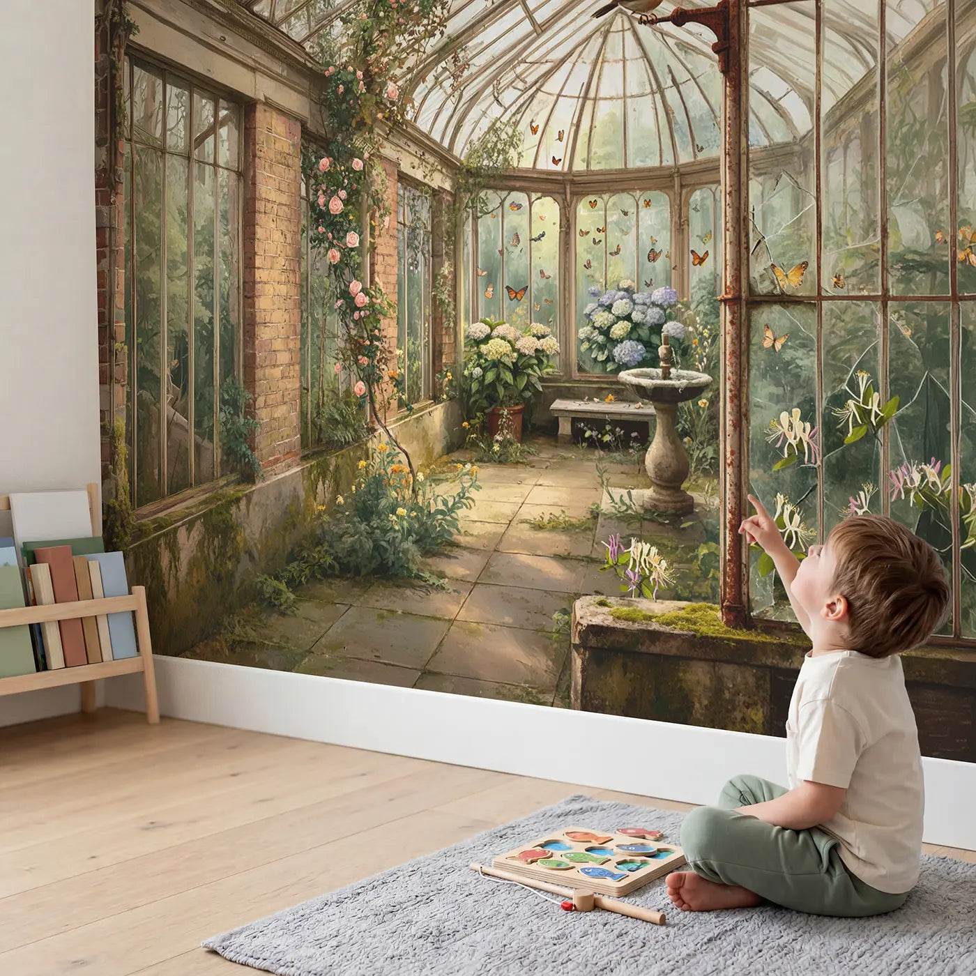 Child in nursery with Abandoned Greenhouse Garden Wallpaper Mural by Whimsy Tots