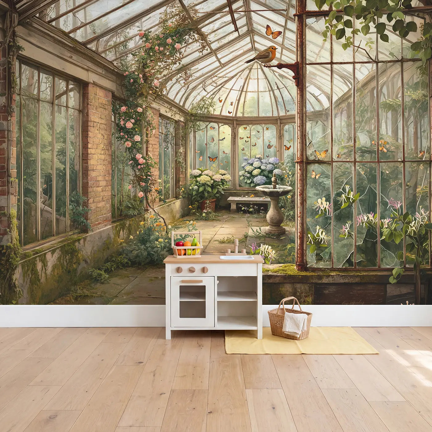 Abandoned Greenhouse Garden Wallpaper Mural in playroom setting by Whimsy Tots
