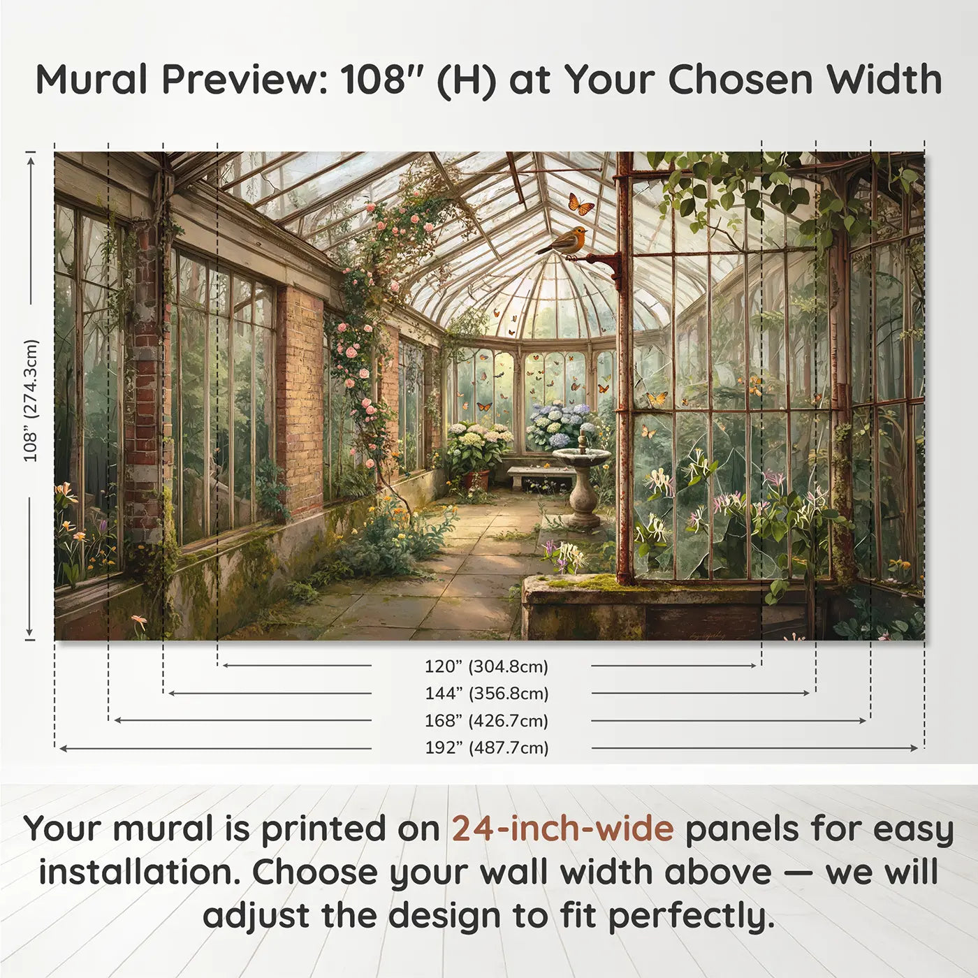 Panel layout and dimensions for Abandoned Greenhouse Garden Wallpaper Mural by Whimsy Tots